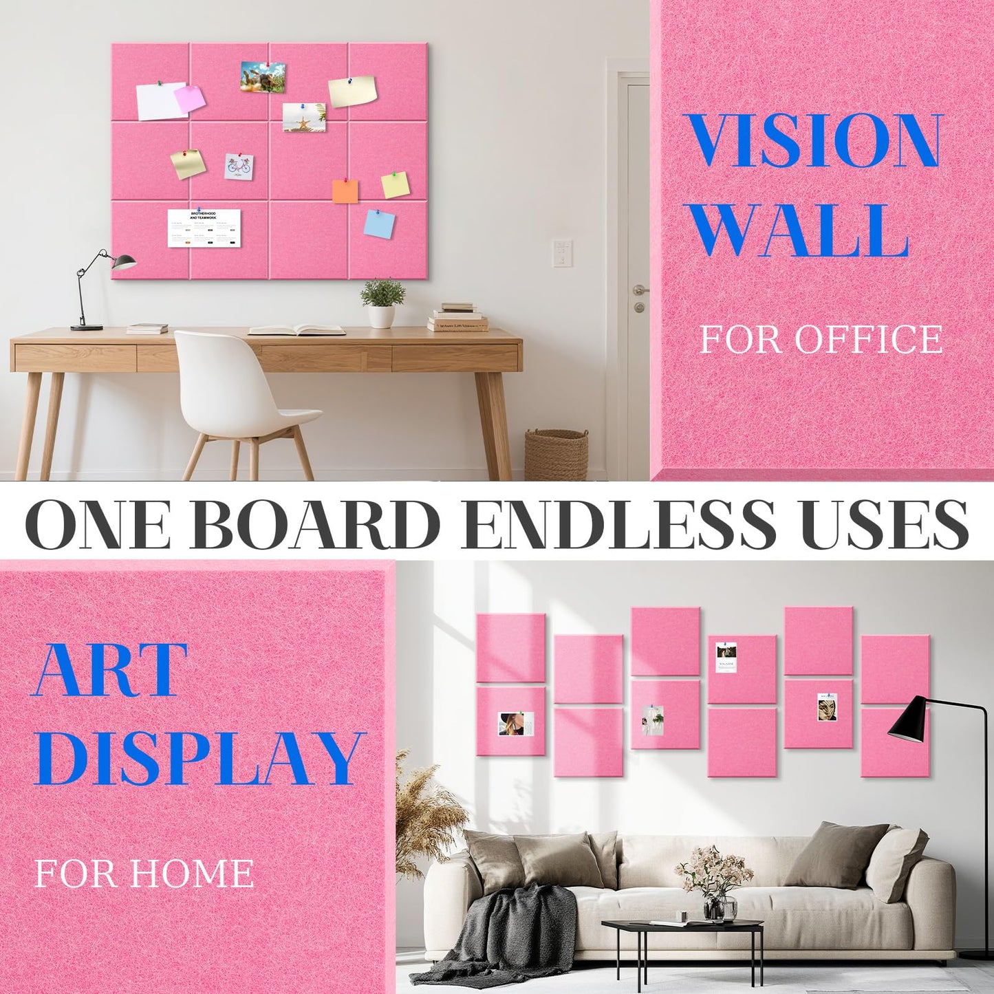 DOLLAR BOSS Large Cork Board for Wall 48" x 36" x 0.5" Pink Bulletin Board 12 Packs Corkboard Tiles Self Adhesive Felt Wall Tiles for Office Home School, Pink