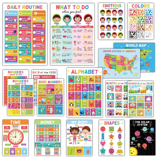 18 Educational Posters for Toddlers 1-3, Learning Posters for Kids Ages 3-5, ABC Poster Alphabet Poster for Preschoolers, Kindergarten Preschool Decor for Wall, Homeschool PreK Classroom Must Haves