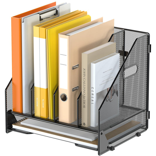 OrgMate Desk File Folder Holder Organizer-4 Vertical Compartments Racks and Paper Letter Tray,Mesh Magazine File Holder Sorter,Desktop Accessories & Workspace Organizers for Home,Office,School-Black