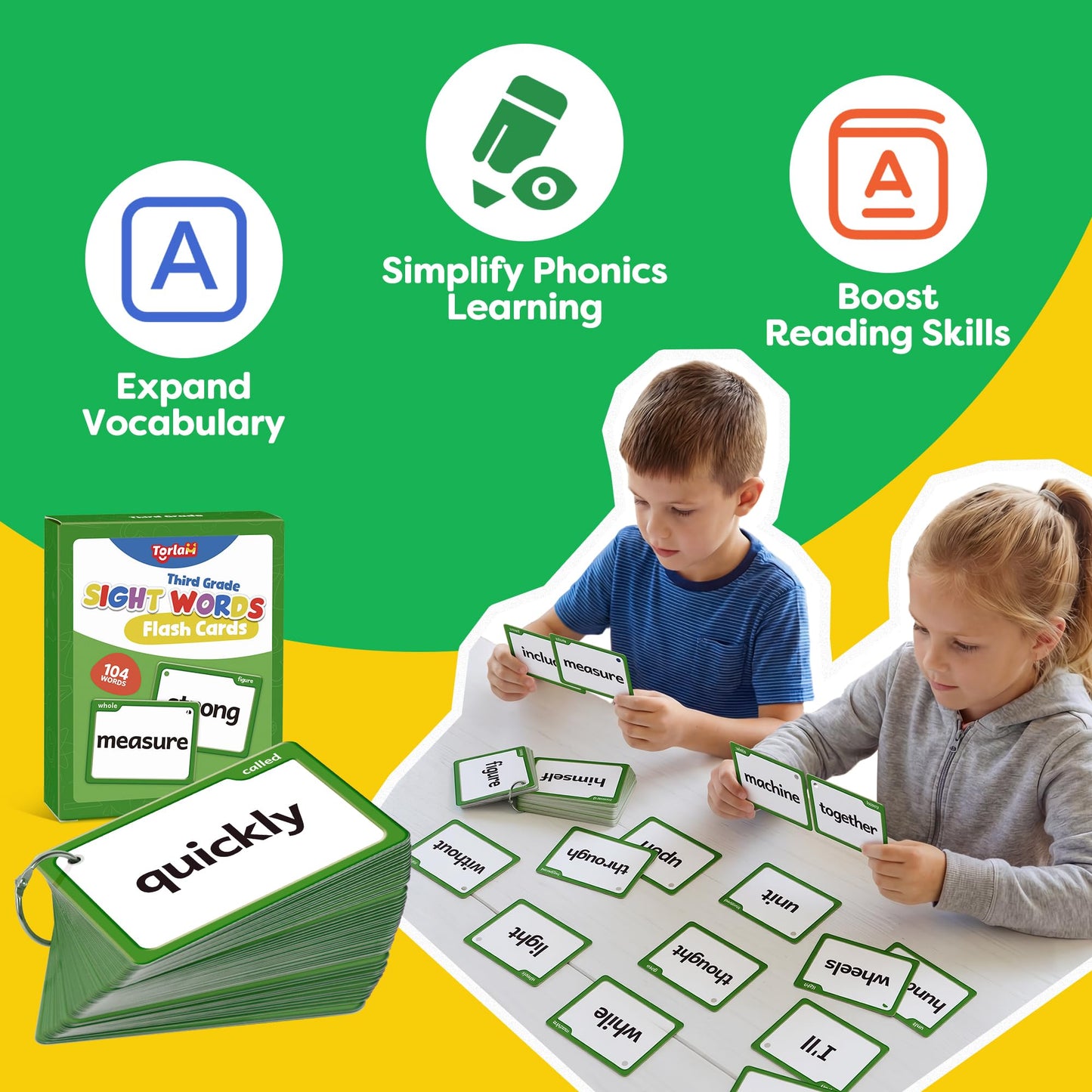 Torlam Sight Words Flash Cards for Kids 3rd Grade,Learn to Read Digraphs CVC Blends Long Vowel Sounds Spelling Reading Phonics Games for 8-9 Years, Site Words Classroom Homeschool