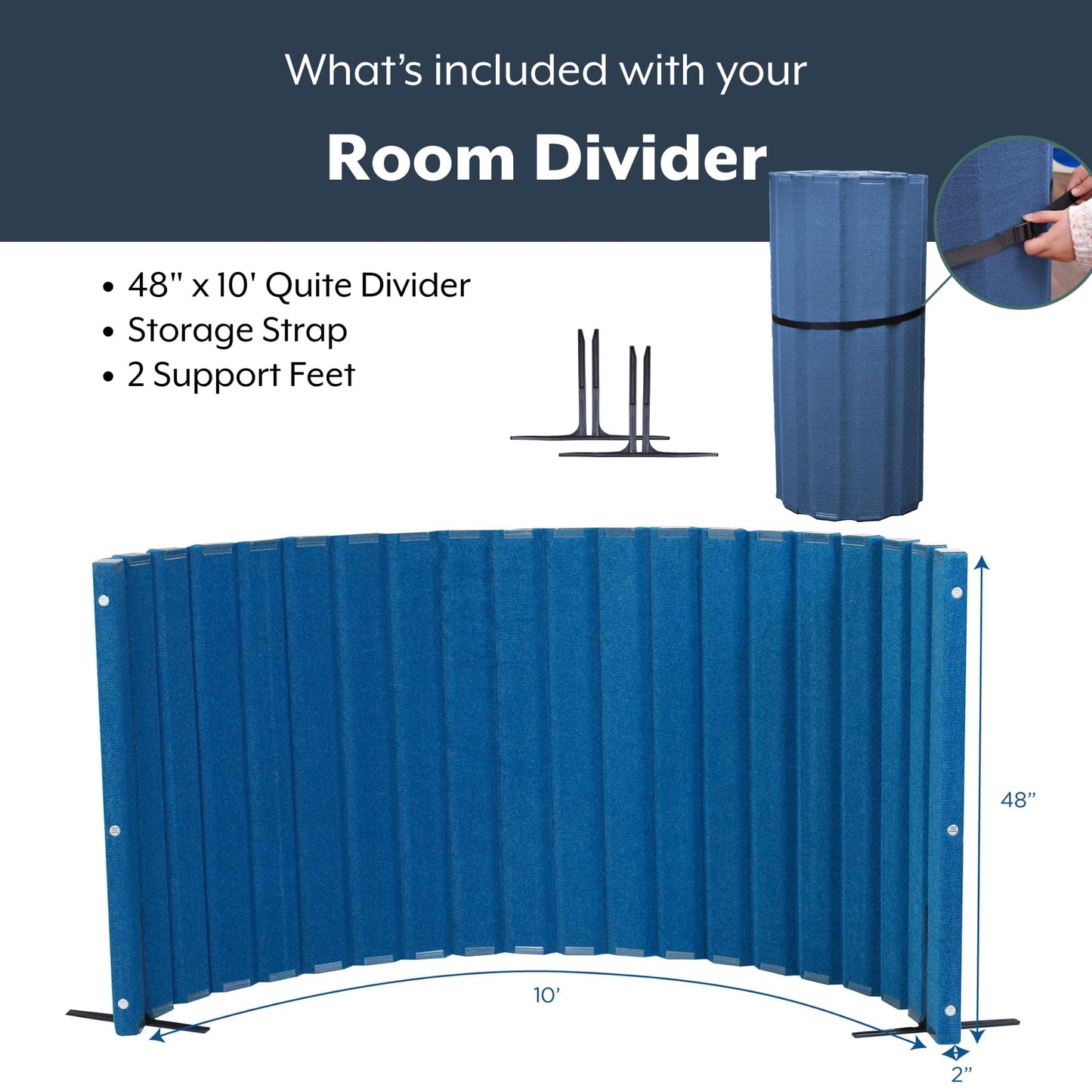 Angeles 48" x 10' Quiet Divider With Sound Dampening Panels, Freestanding Room Divider Wall, Blue
