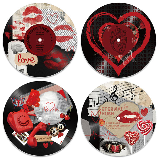 DOODLREAM 4PCS Heart Kiss Vinyl Record Wall Decor 12" Hippy Vintage Fashion Wall Art Posters for Room Aesthetic, Collage Art Retro Record Decor for Music Party Studio Living Room DIY Craft Project
