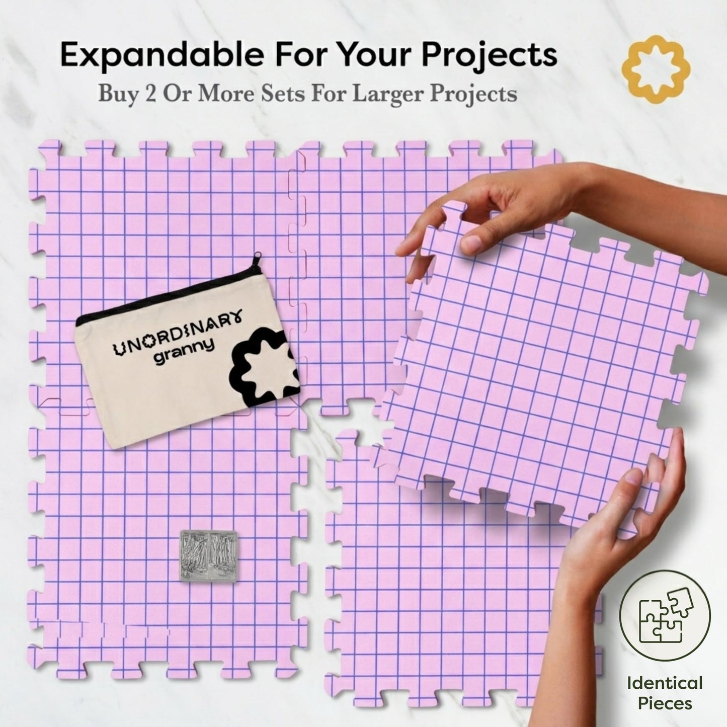Unordinary Granny Crochet Blocking Board Set – 9 Extra Thick Interlocking Mats with Grid, 150 T-Pins, Felt Storage Bag and Cotton Pouch (Blush Pink)