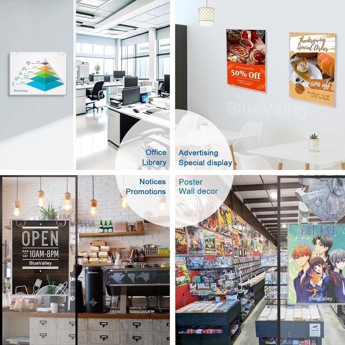 BlueValley 3 Pack Acrylic Wall Sign Holder 8.5x11 Horizontal - Clear Plastic Flyer, Document & Poster Frame for Office, Restaurants, Classrooms, Trade Shows - Wall Mounted Display with Screws & Adhesive Tape