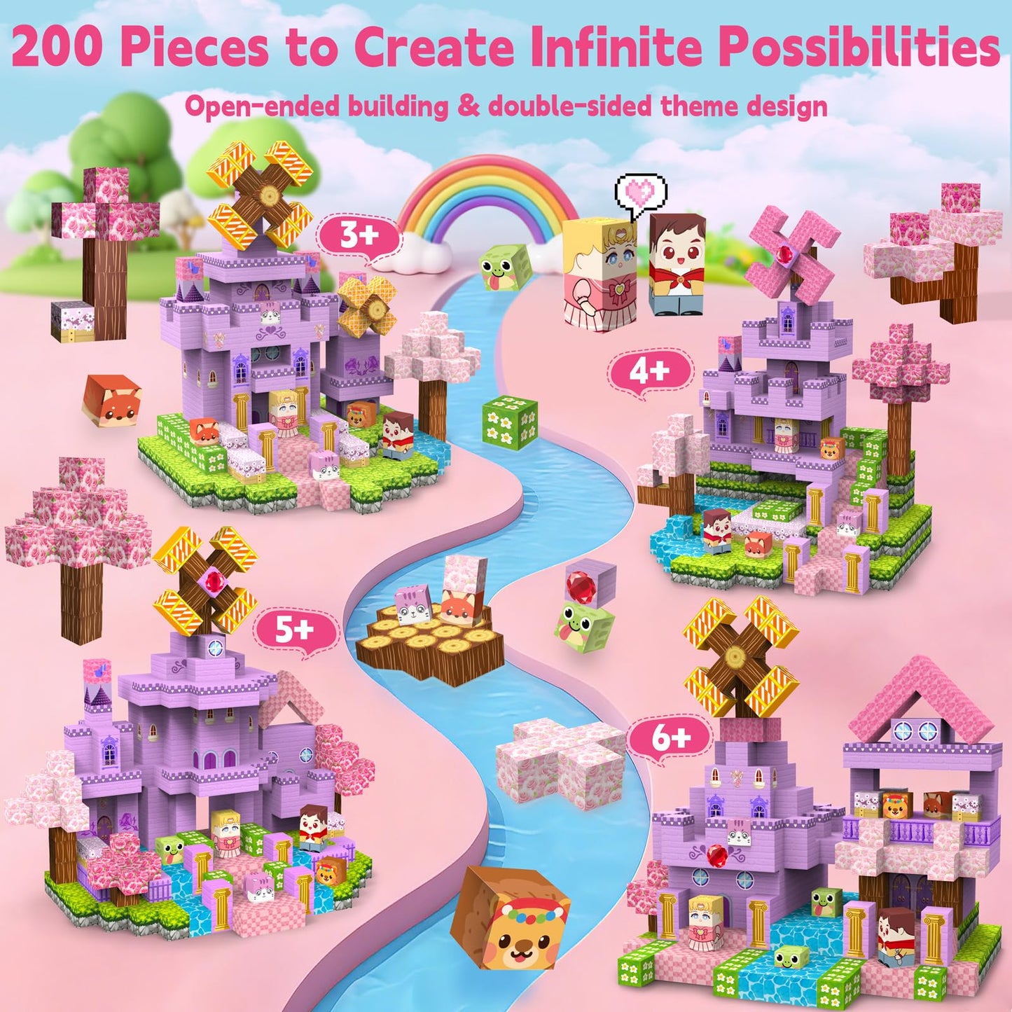 Gryxpox 200 PCS 0.8in Magnetic Blocks, Magnetic Building Cubes, Build Pink Castle World Set,Stacking Magnets, STEM Sensory Toys for Ages 3+ Toddlers Kids Girl Boys Easter Birthday Gifts