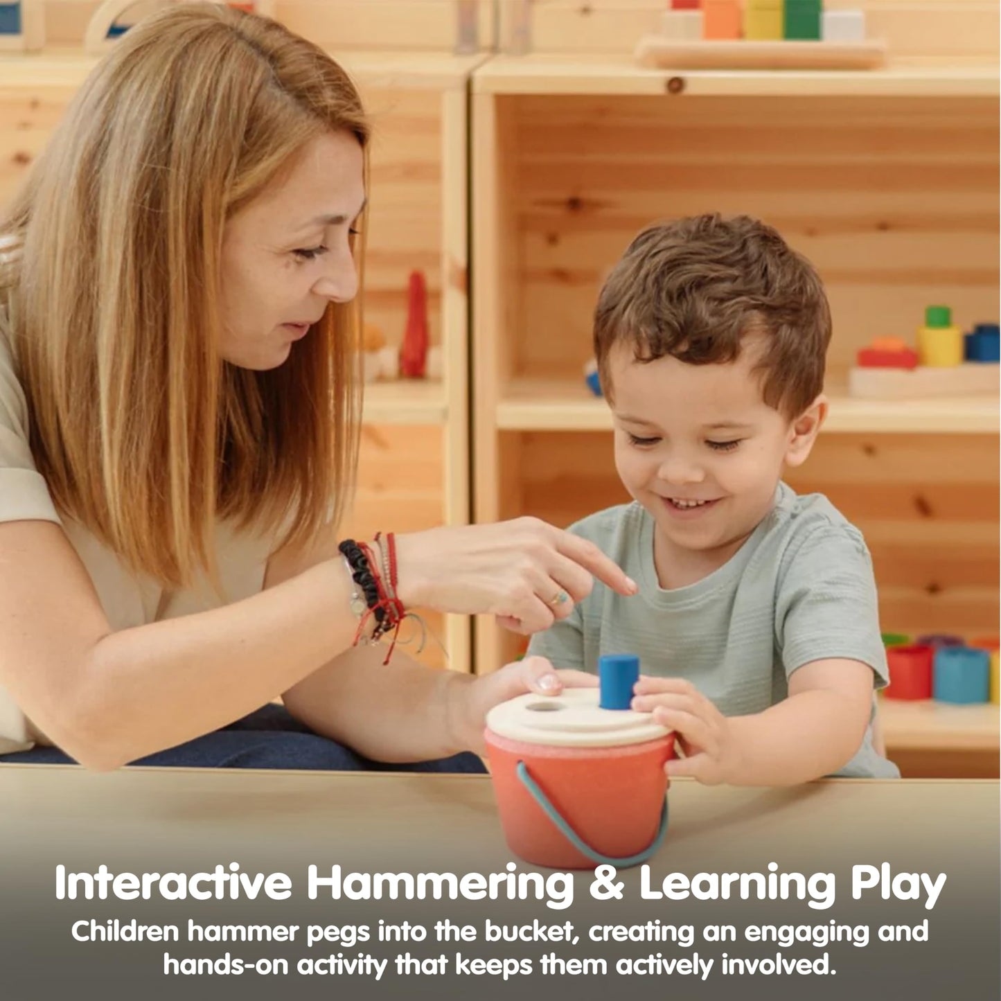 PlanToys® Hammering Peg Bucket | Montessori Wooden Hammering Toy for Toddlers 12M+ | Develops Hand-Eye Coordination, Fine Motor Skills & Problem-Solving | Includes Pegs & Hammer