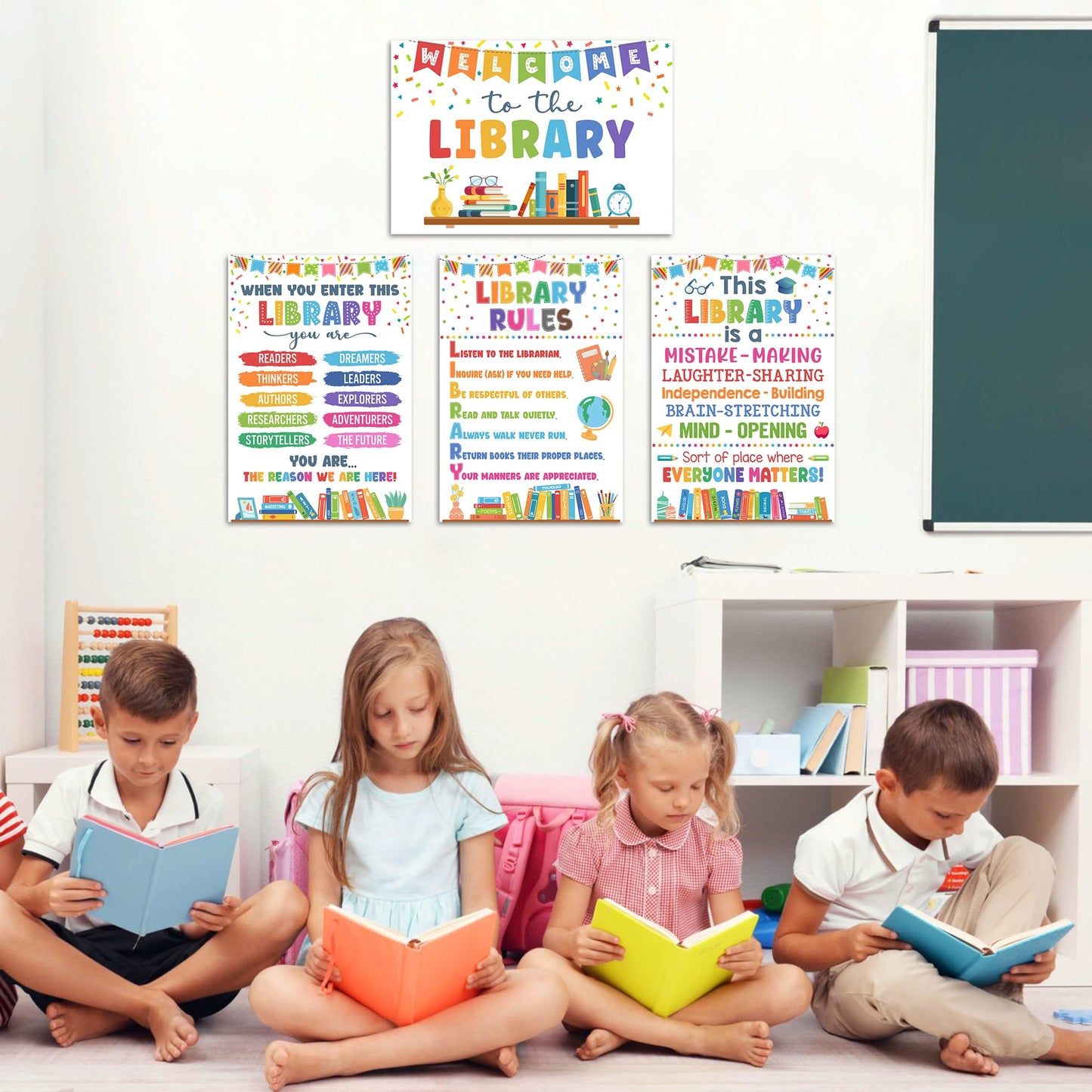 Lalunia 4 Pcs Library Rules Poster (11"x16") - Classroom Library Decorations for Librarian, Media Room, Back to School Educational Posters, Library Bulletin Board Sets, Reading Corner Decor