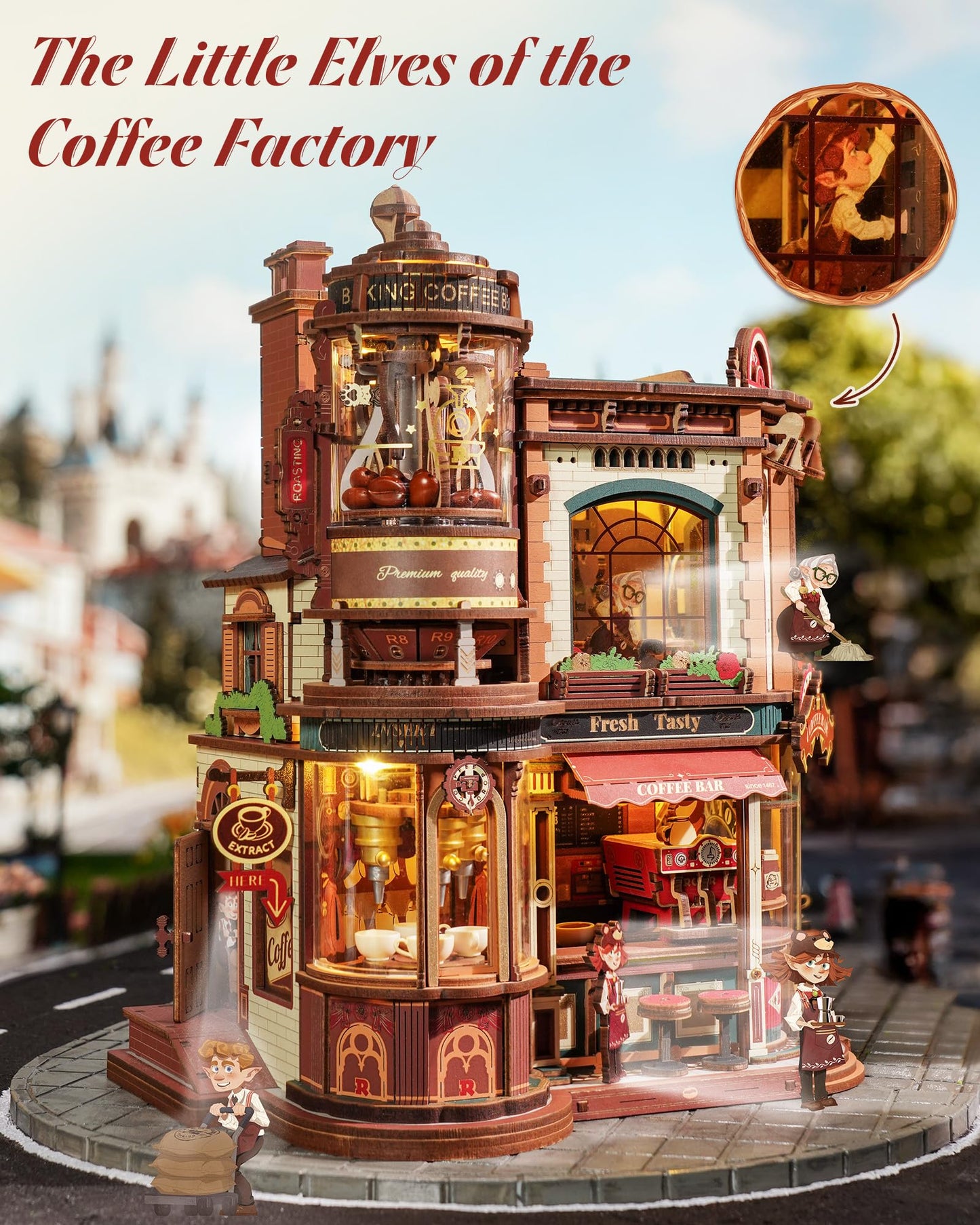 ROKR Dream Coffee Factory, Wooden Music Box Model, Mechanical 3D Wooden Puzzles for Adults, Building Kit with Moving LED Lights, Miniature House Kits, Desk Decor Gift
