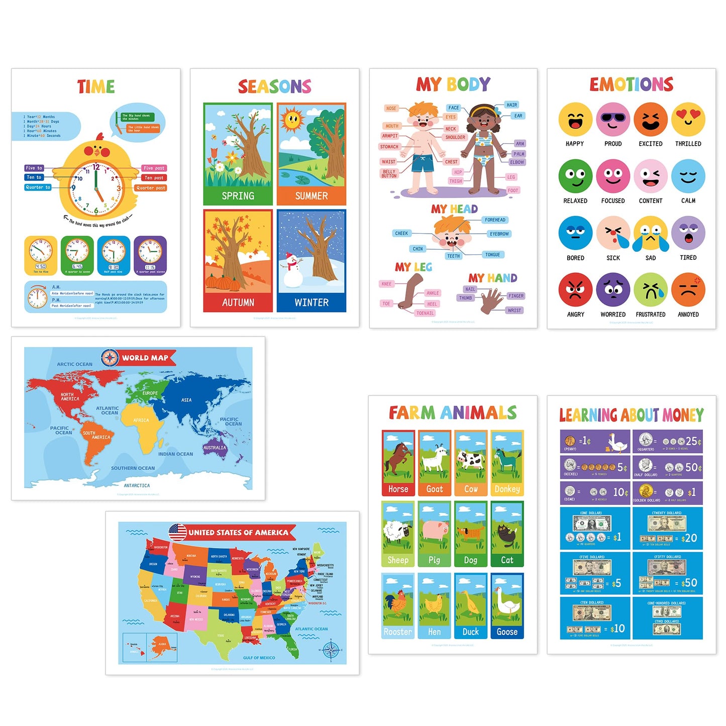 UNCLE WU 16 Pack Laminated Educational Posters for Toddlers, 17 x 11 Preschool Classroom Posters with ABC Alphabet, Numbers 1-100, Shapes, Colors, USA & World Maps, Homeschool Supplies