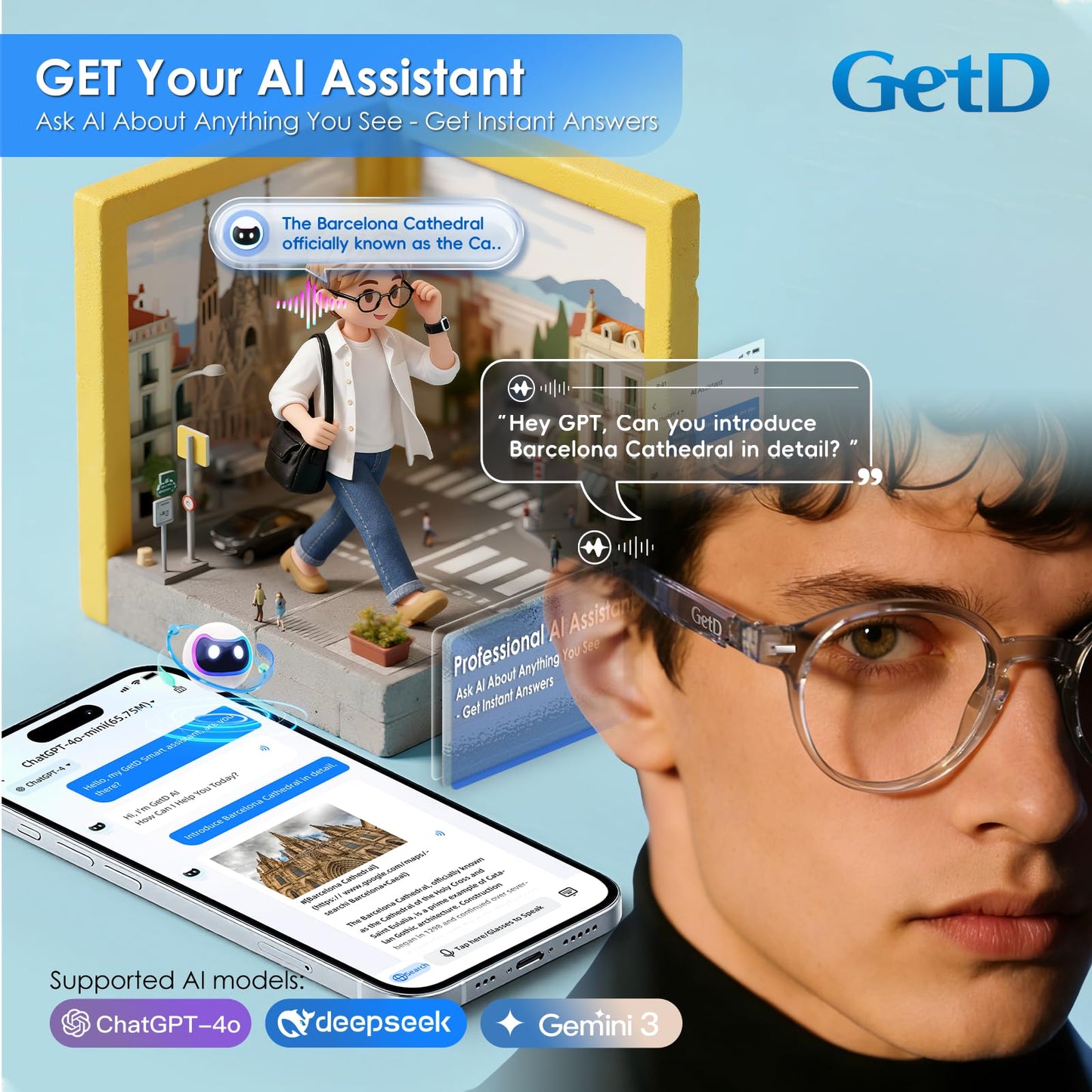 GetD 2026 AI Smart Glasses for Men & Women - Powered by ChatGPT with Real-Time 145-Language Translation, 11H Music/9H Calls, Electro-Gray Translucency & Blue Light Blocking for Travel and Daily Use