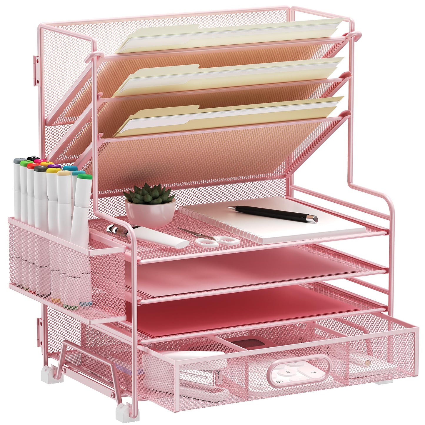 MINDEPOT 4-Tier Paper Organizer + 3-Pocket File Holder + Drawer + Pen Holders, Desktop File Organizers Paper Tray for Office Supplies School Classroom Organization (Pink, with Drawer & Pen Holder)