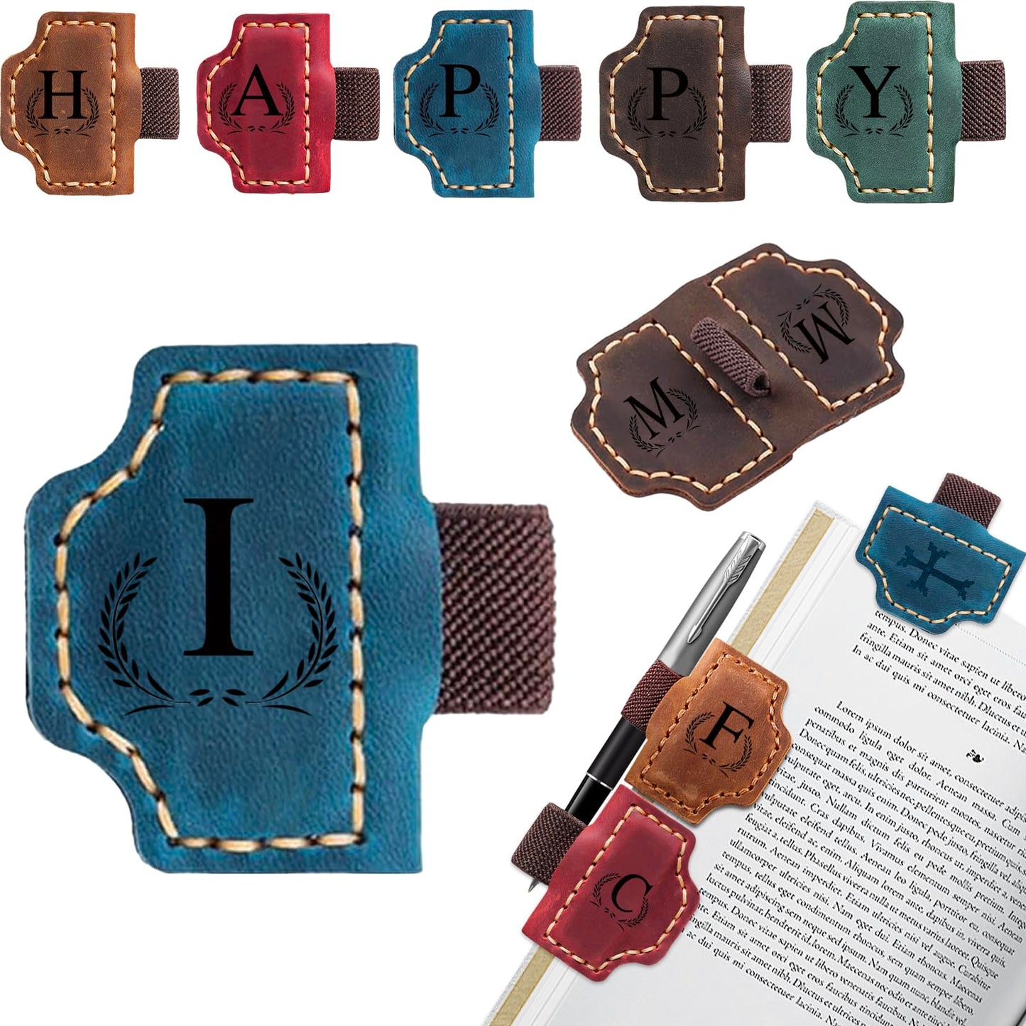 Custom Bygone Mark Bookmark with Pen Holder, 26 Letters Name Initial Personalized Magnetic Leather Bookmark, Gifts for Book Lovers, Readers, Travelers, Leather Book Marks (Blue, I)