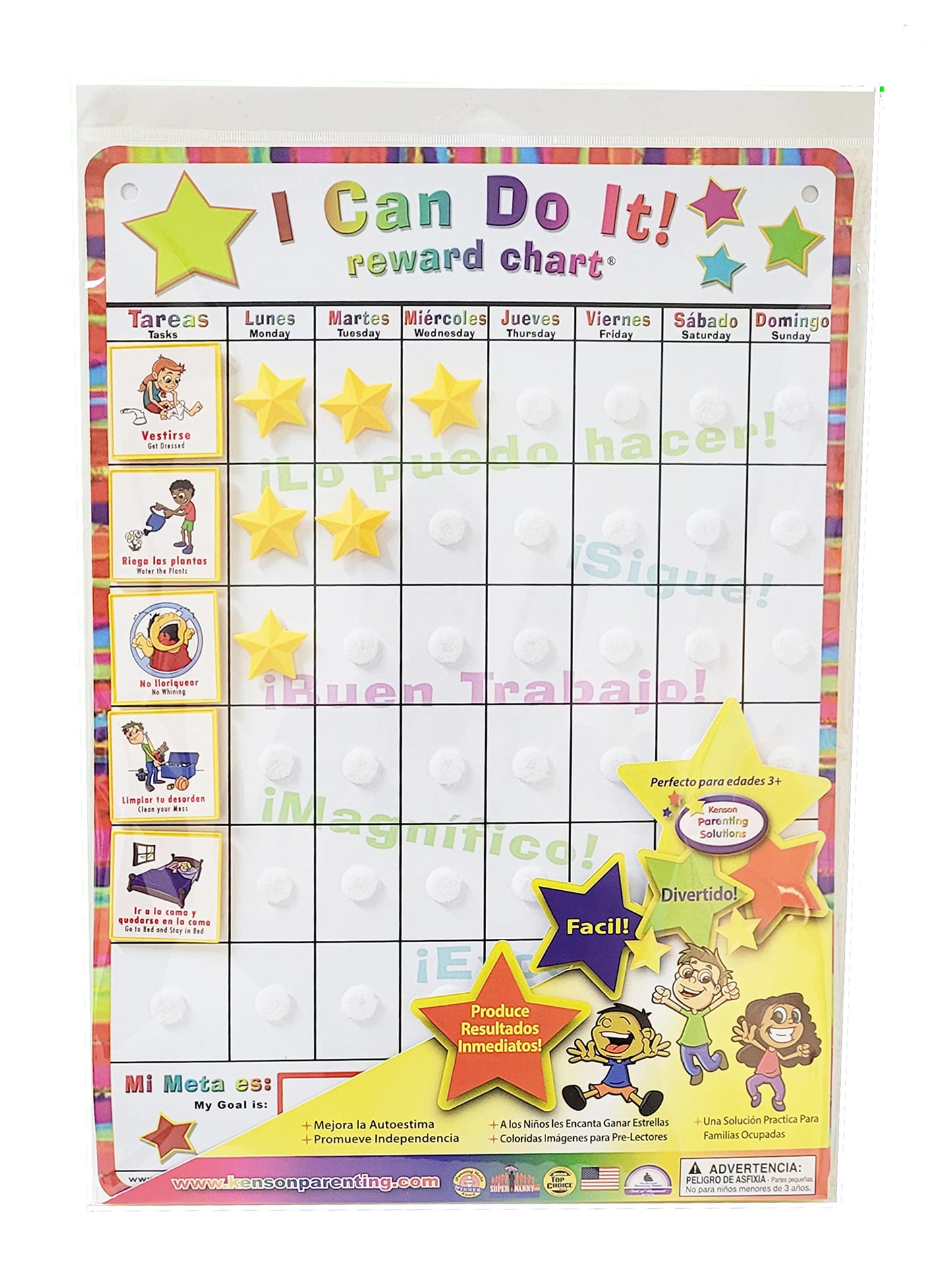 Kenson Kids Spanish English “I Can Do It” Reward and Responsibility Chart, 11 X 15.5-Inch, Daily Routine Incentive Star Chart- Visual Weekly Magnetic Chore, Behavior, and Organizational Star Chart
