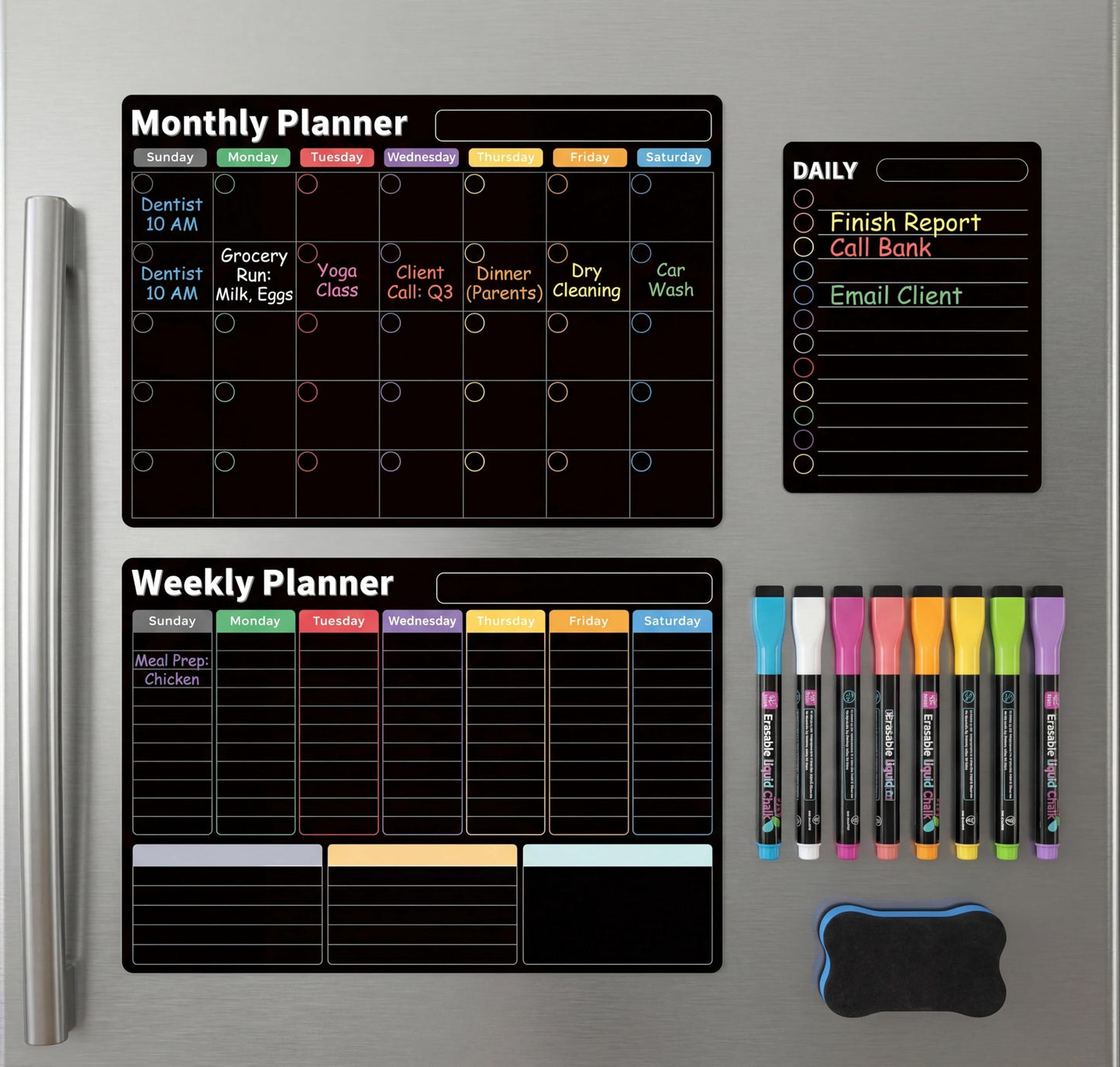 AUVIREC Magnetic Black Calendar for Refrigerator (3-Pack, Ships Flat) - 17"x12" Monthly, Weekly & Daily Planner with Lined Grids - Nano-Tech Dry Erase Fridge Board, 8 Neon Liquid Chalk Markers