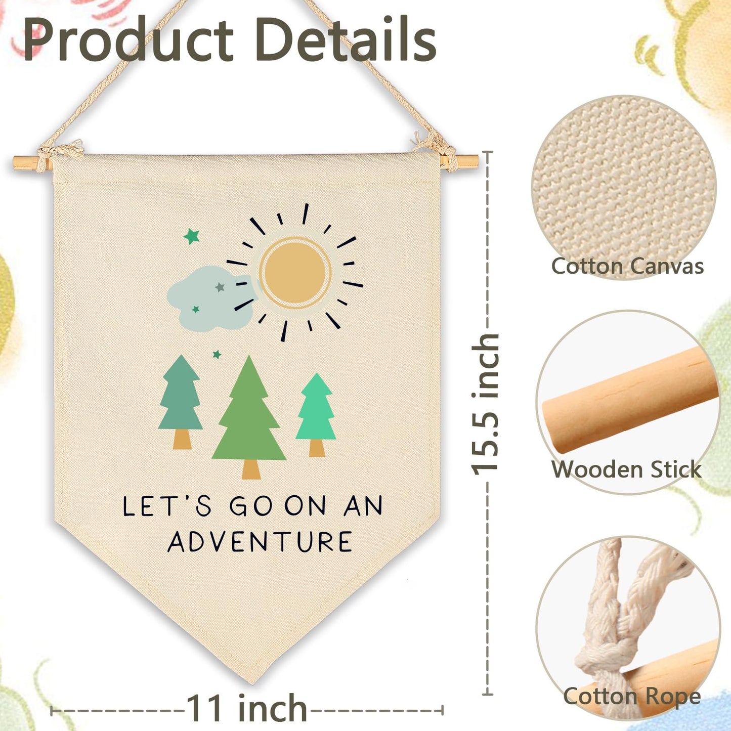 Let's Go On an Adventure-Forest Adventure Nursery Art-Canvas Hanging Pennant Flag Banner Wall Sign Decor Gift for Nursery Baby Kids Girl Boy Teen Bedroom Playroom Decor- Birthday Christmas Gift