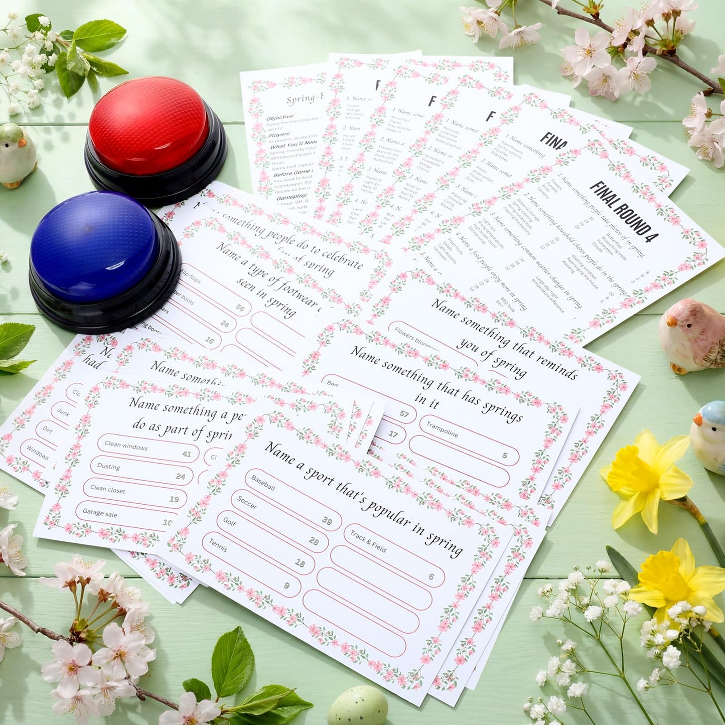 Humyoun Spring Friendly Feud Game with 2 Answer Buzzers, Floral Feud Cards for Family Game Night Fun Trivia Quiz for Party Office Class Groups Team Building