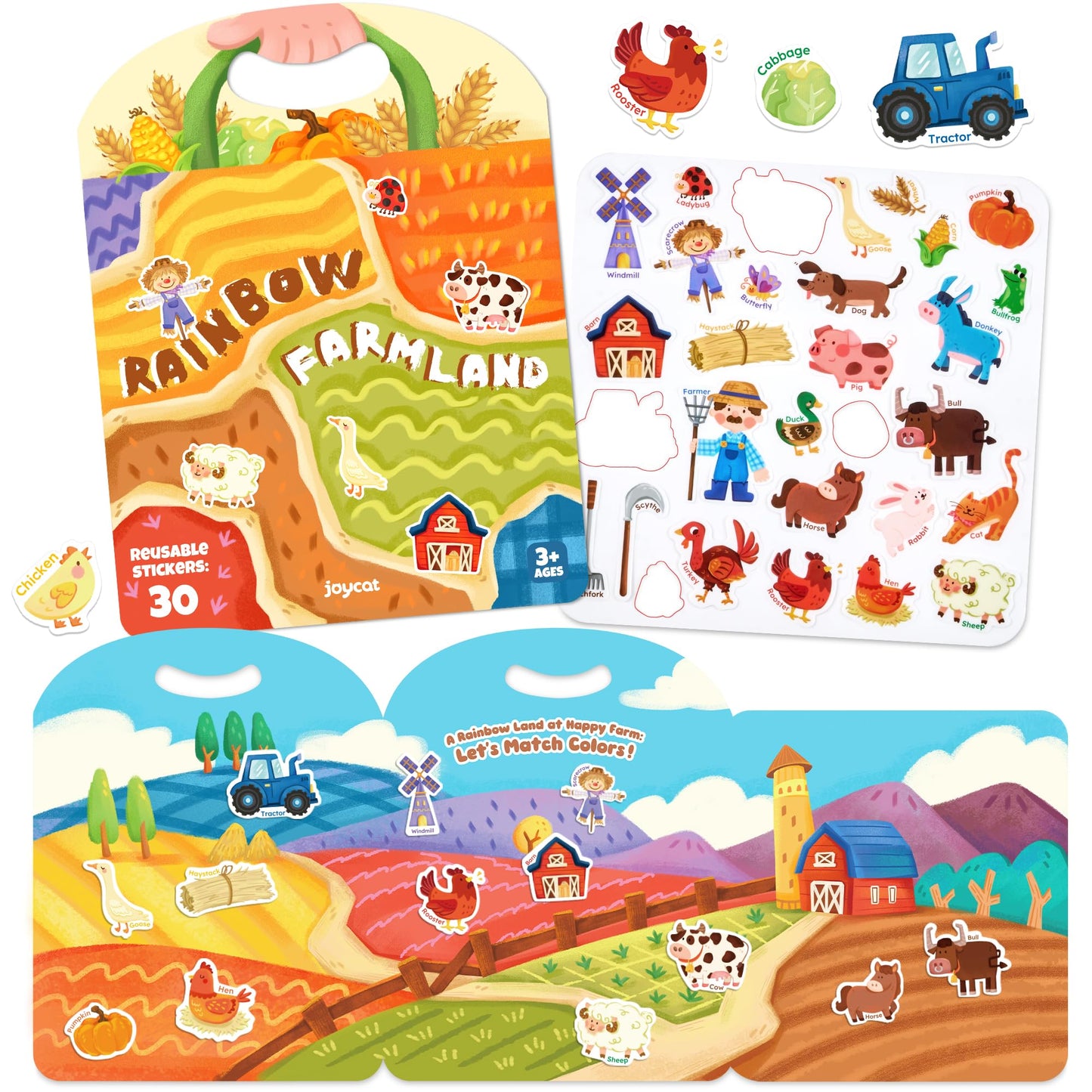 JoyCat Reusable Sticker Book - Animal Stickers for Toddlers, Kids Sticker Activity Book, Travel Toys for Road Trip, Car & Airplane, Educational Learning Gifts for Boys and Girls Ages 3-5 (Farm)