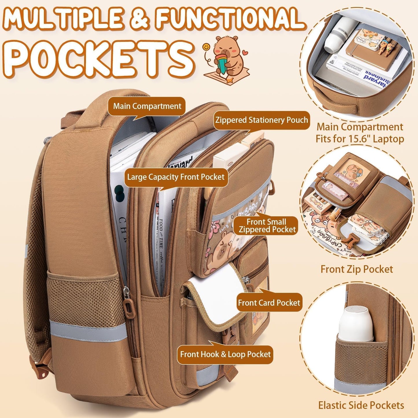 Fimibuke Capybara Backpack for School Girls, 30PCS Capybara Toddler School Supplies Stationery Set with Bookbag Pencil Case Pens Pencils Notebook for Back to School Kindergarten Elementary Student
