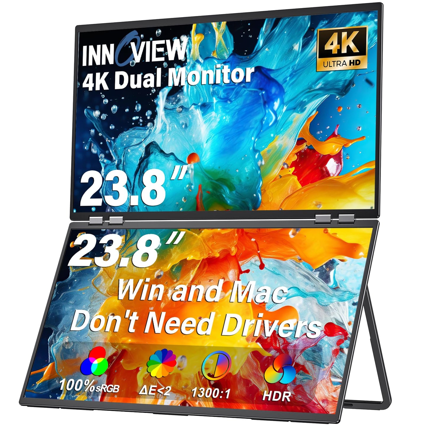 InnoView Dual Portable Monitor 23.8" 3840x2160P 4K 100% sRGB 315°Adjustable Dual Stacked Foldable Monitor Built-in Speakers Screen Extender with HDMI/USB-C/DP for Laptop Windows Mac