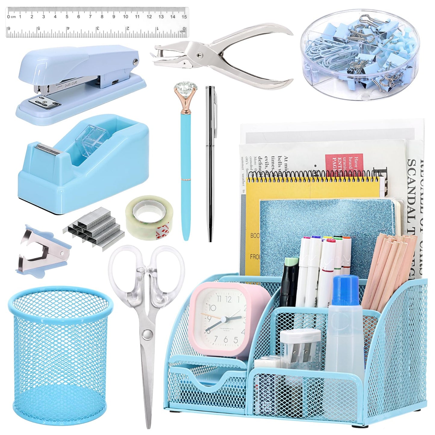 13-in-1 Office Desk Organizer Set with Stapler and Tape Dispenser, Pen Holder, Scissors, Ruler, Hole Punch, 2 Pens & More Desktop Accessories for Back to School Supplies (Blue)