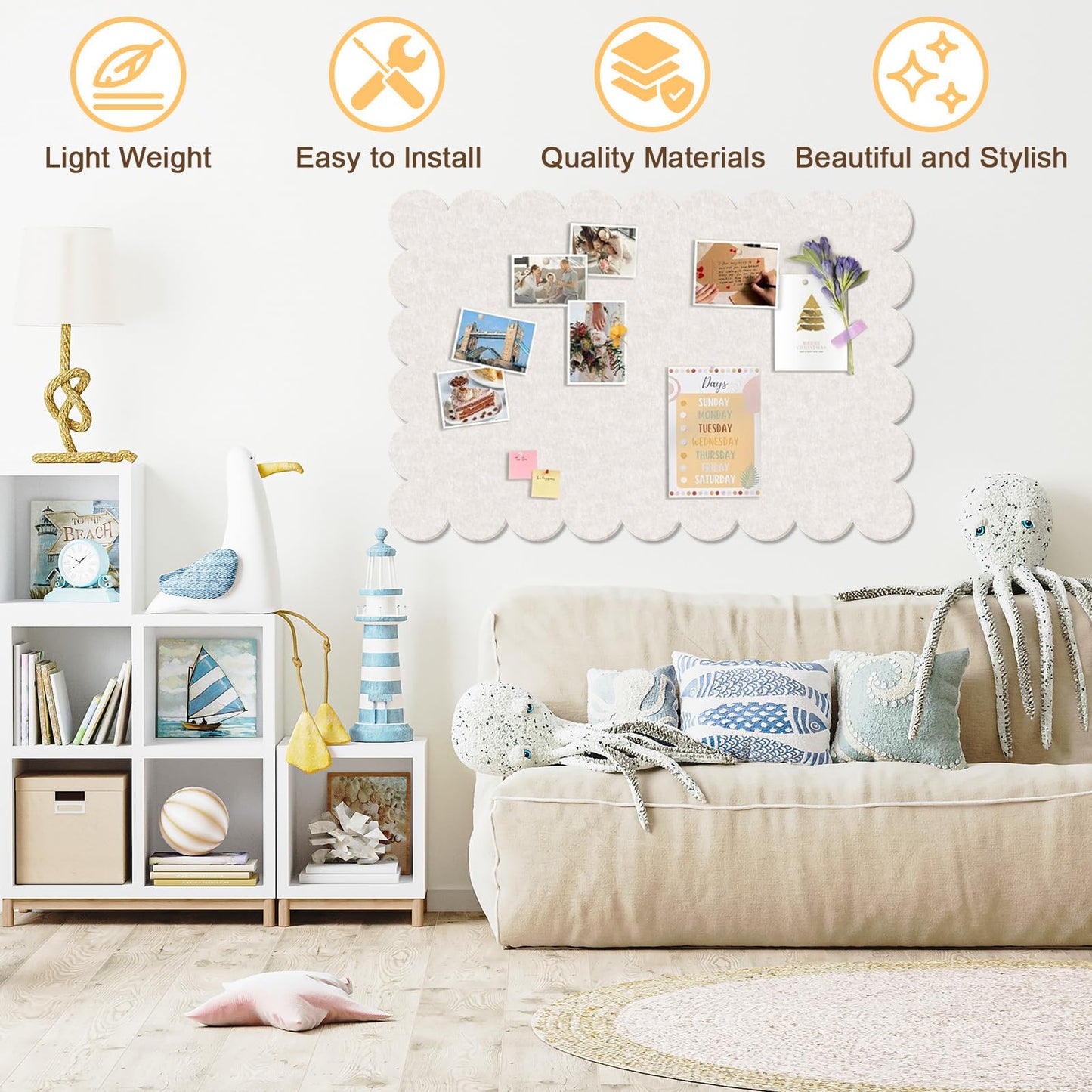 Beige Scalloped Felt Bulletin Board - 36 x 24 Inches Large Felt Board Foldable Cork Board Alternative Photo Board Self-Adhesive Vision Board Decorative Pin Board for Wall