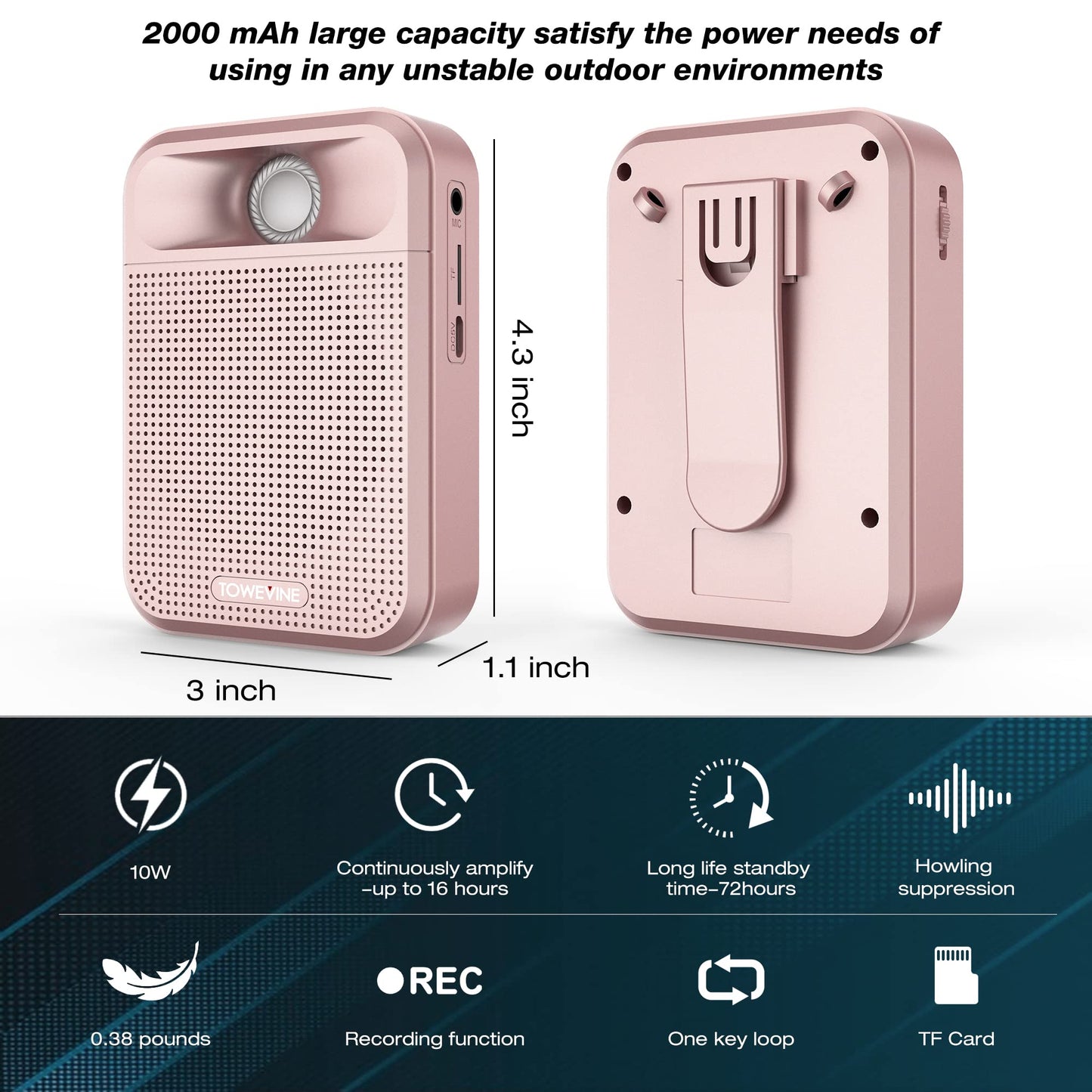 Voice Amplifier, Towevine Rechargeable Microphone for Teachers, Portable Speaker with Headset and Waistband for Classroom, Singing, Coach, Training, Presentation, Tour Guide (Pink)