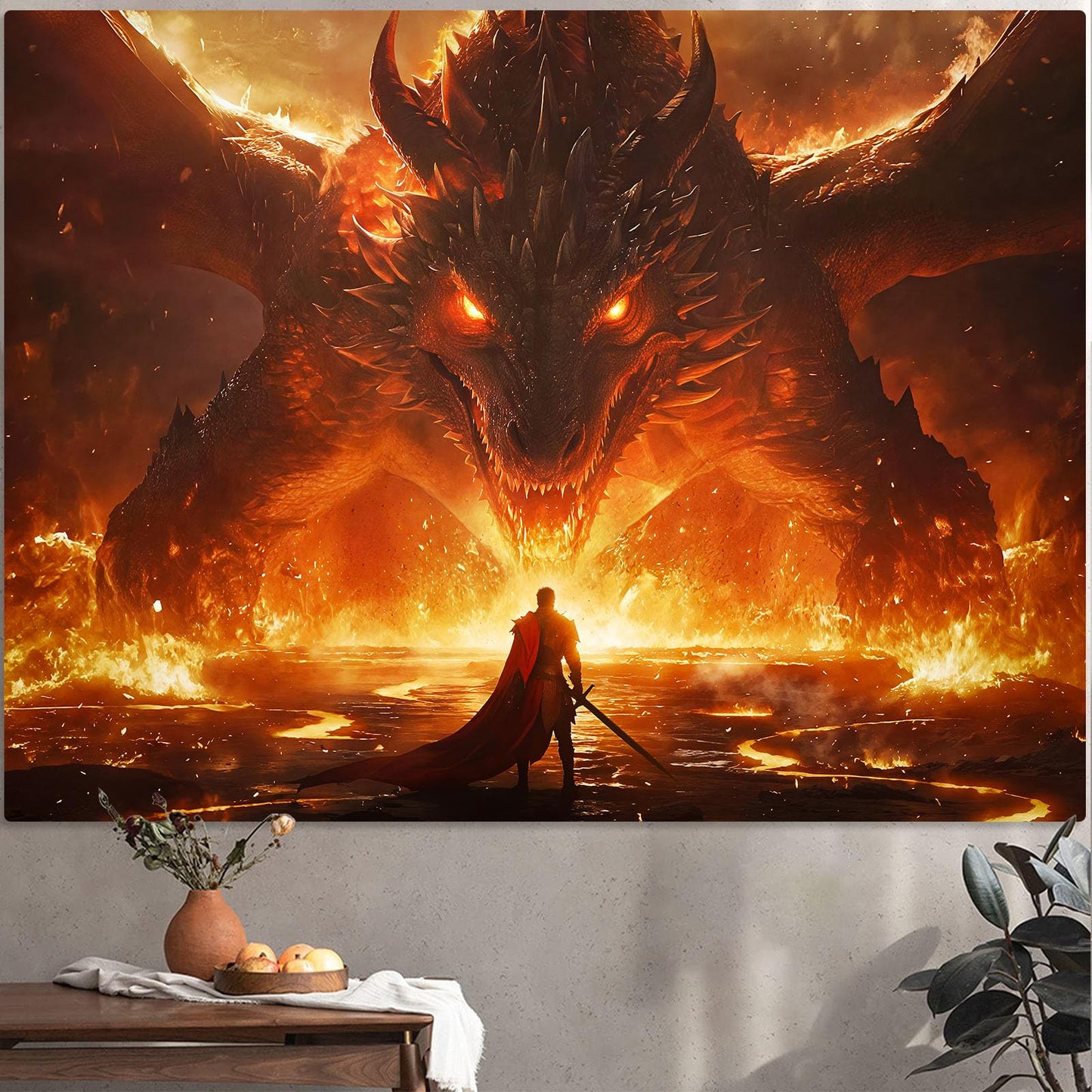 Spenlife Flaming Dragon Showdown Wall Tapestry, Fantasy Brave Warrior Tapestries for Room Decor, Intense Tapestry 60x44 Inch