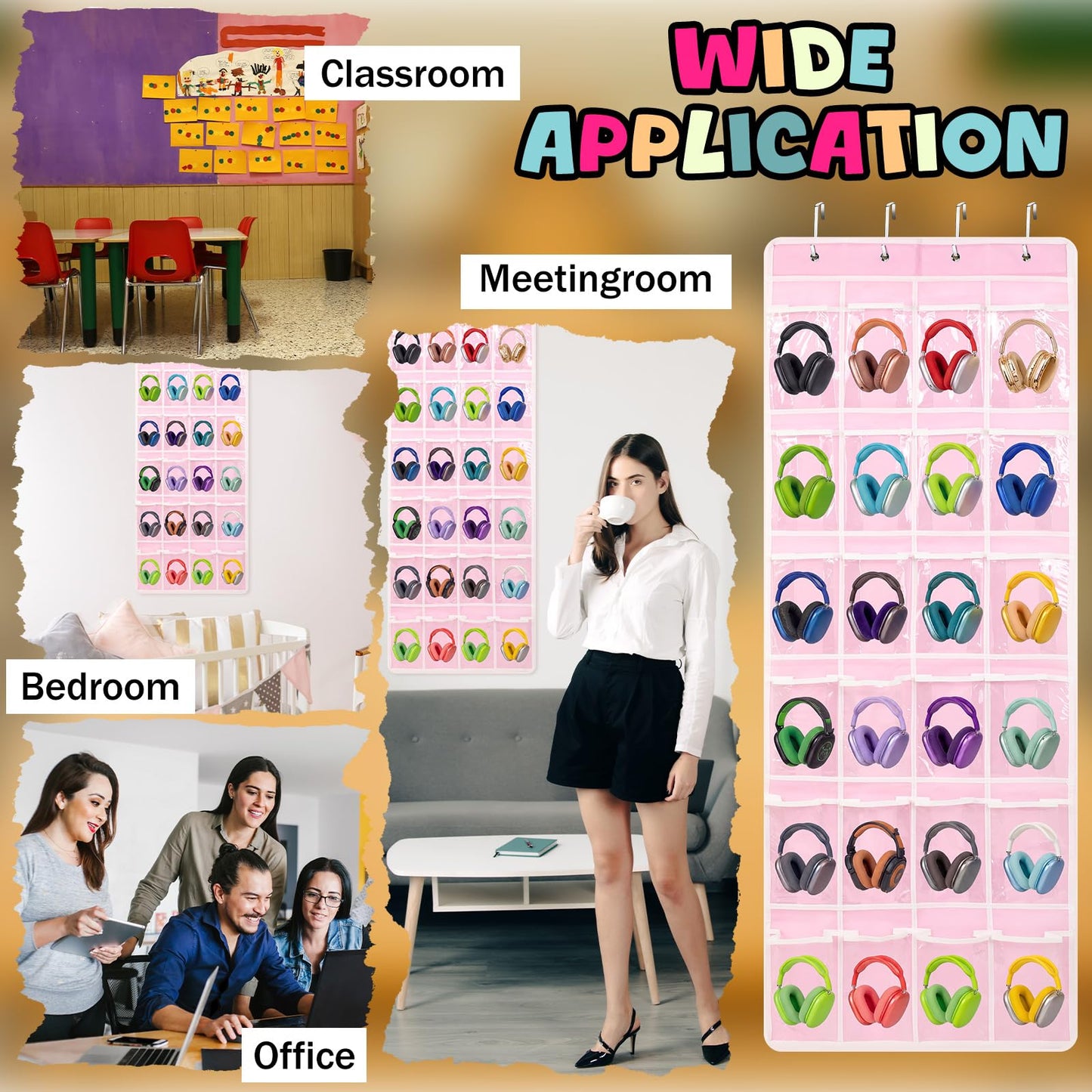 Maasechs Classroom Headphone Storage Organizer 24 PVC Clear Over The Door Hanging Classroom Headphone Holder Pocket with 4 Hooks for School Library(Pink)