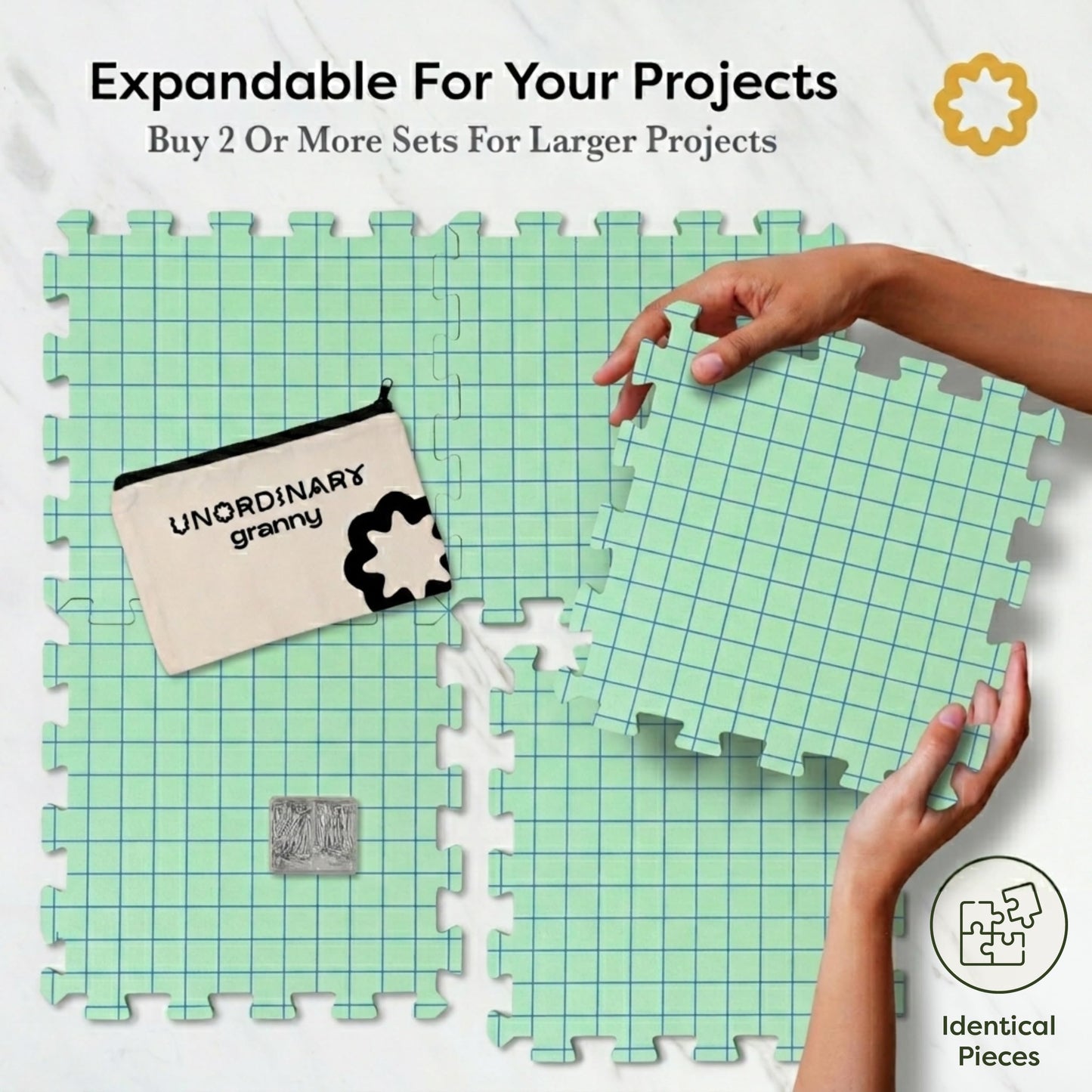 Unordinary Granny Crochet Blocking Board Set – 9 Extra Thick Interlocking Mats with Grid, 150 T-Pins, Felt Storage Bag and Cotton Pouch (Sage Green)
