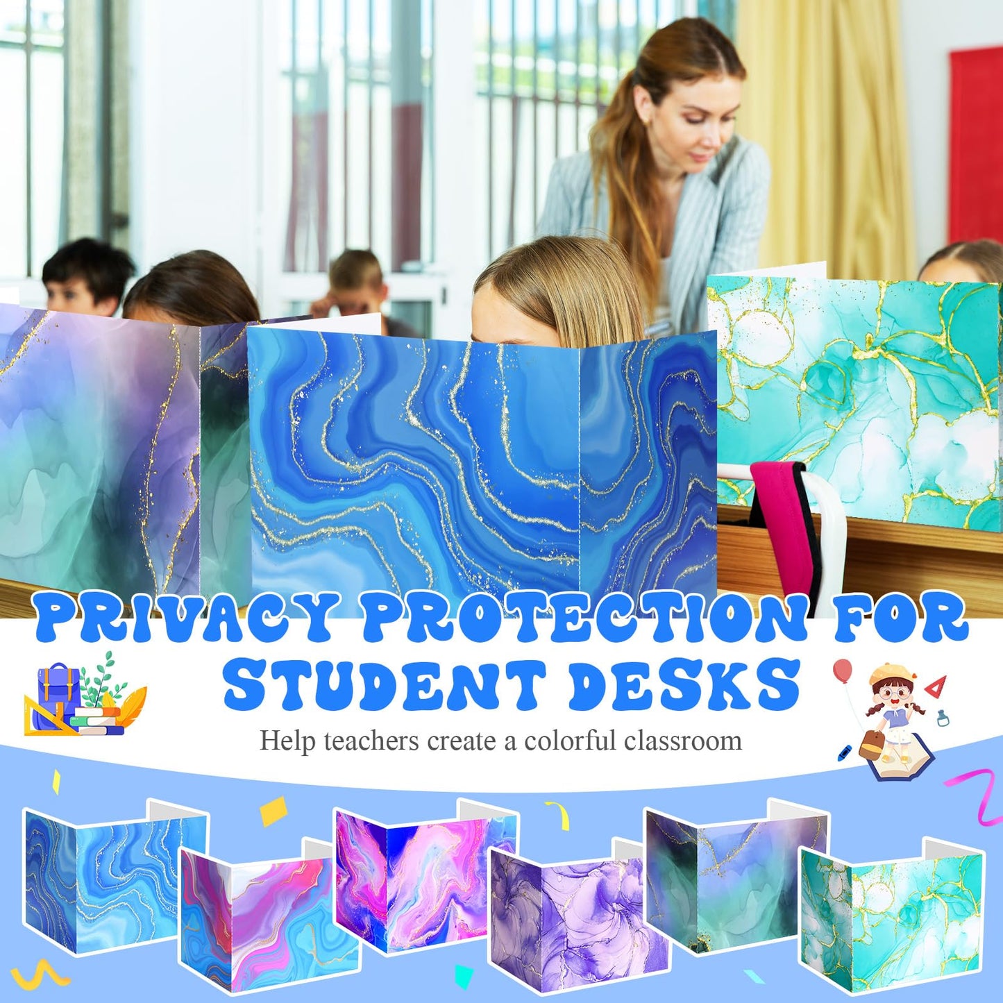 SATINIOR 24 Pcs Privacy Folders for Students, Desk Dividers for Classroom Testing, Student Privacy Boards Classroom Must Have, School Teacher Supplies(Marble Style,Vibrant Color)