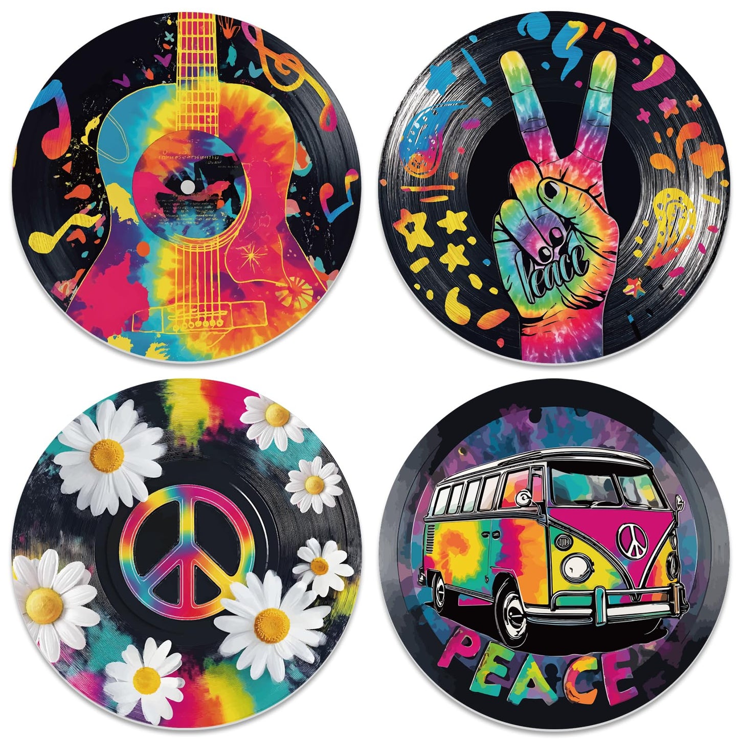 DOODLREAM 4PCS Graffiti Guitar Daisy Vinyl Record Wall Decor 12" Hippy Peace Sign Bus Wall Art Posters for Room Aesthetic, Retro Record Decorations for Music Party Studio Living Room DIY Craft Project