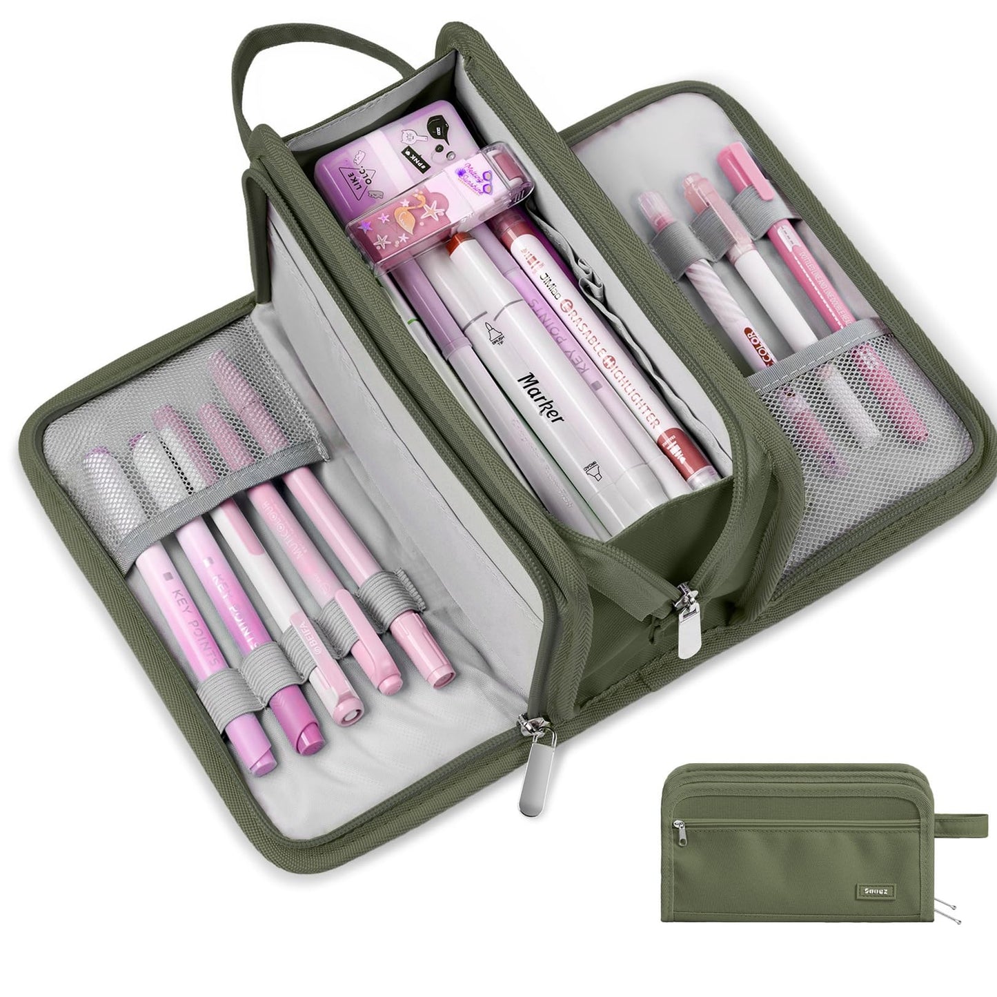 Sooez Large Pencil Case, Big Capacity Pencil Pouch Pen Bag with 3 Compartment, Portable Canvas Stationery Organizer with Zipper, Cute Aesthetic School Supplies for Teen Girls, Army Green