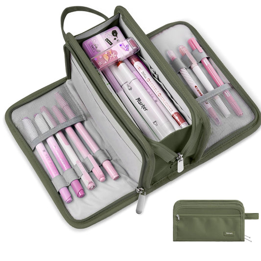 Sooez Large Pencil Case, Big Capacity Pencil Pouch Pen Bag with 3 Compartment, Portable Canvas Stationery Organizer with Zipper, Cute Aesthetic School Supplies for Teen Girls, Army Green