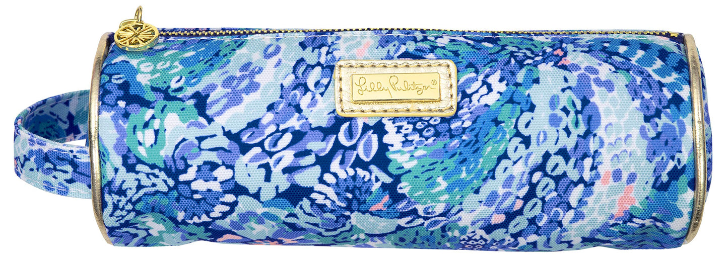 Lilly Pulitzer Blue Pen and Pencil Pouch Holder, Cute Travel Bag/Case with Carrying Handle and Zip Close, Wave After Wave
