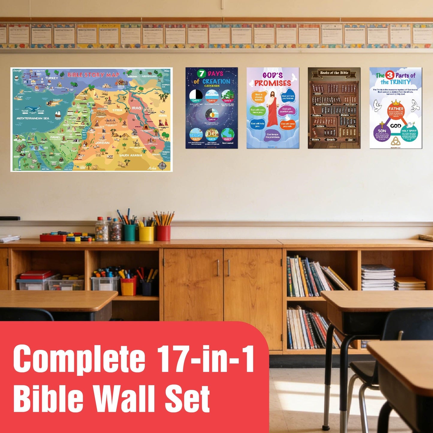 EDUMAETRIX Bible Educational Wall Posters Set, 16 Religious Posters 11x17 inches with 1 Large Story Map 22x34 inches, Christian Religious Poster for Sunday School Church Decoration Flat Packaging