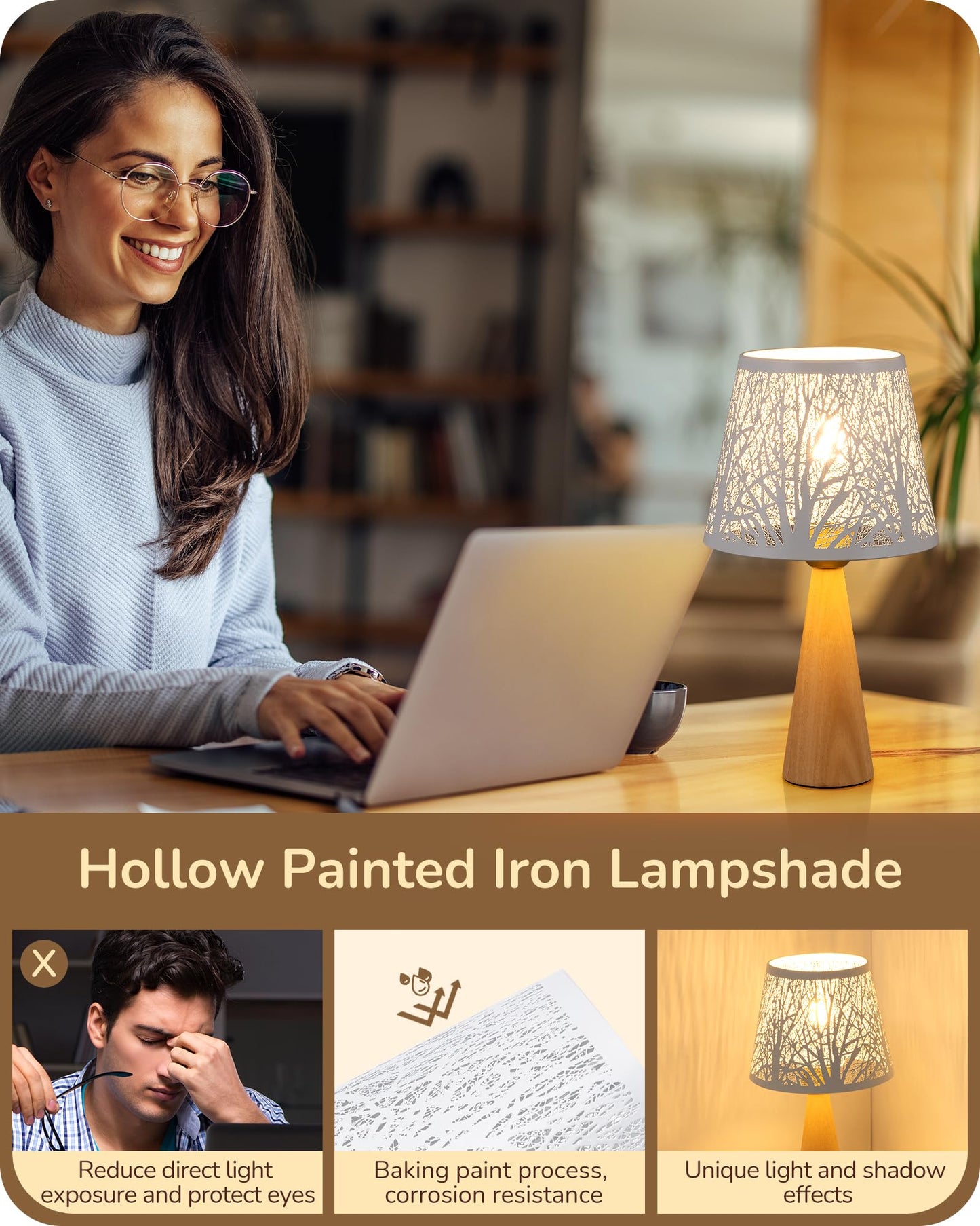EDISHINE Small Table Lamp, Wooden Bedside Lamp with Iron Lampshade, Light Wood Color, E26 Socket, ON-Off Switch