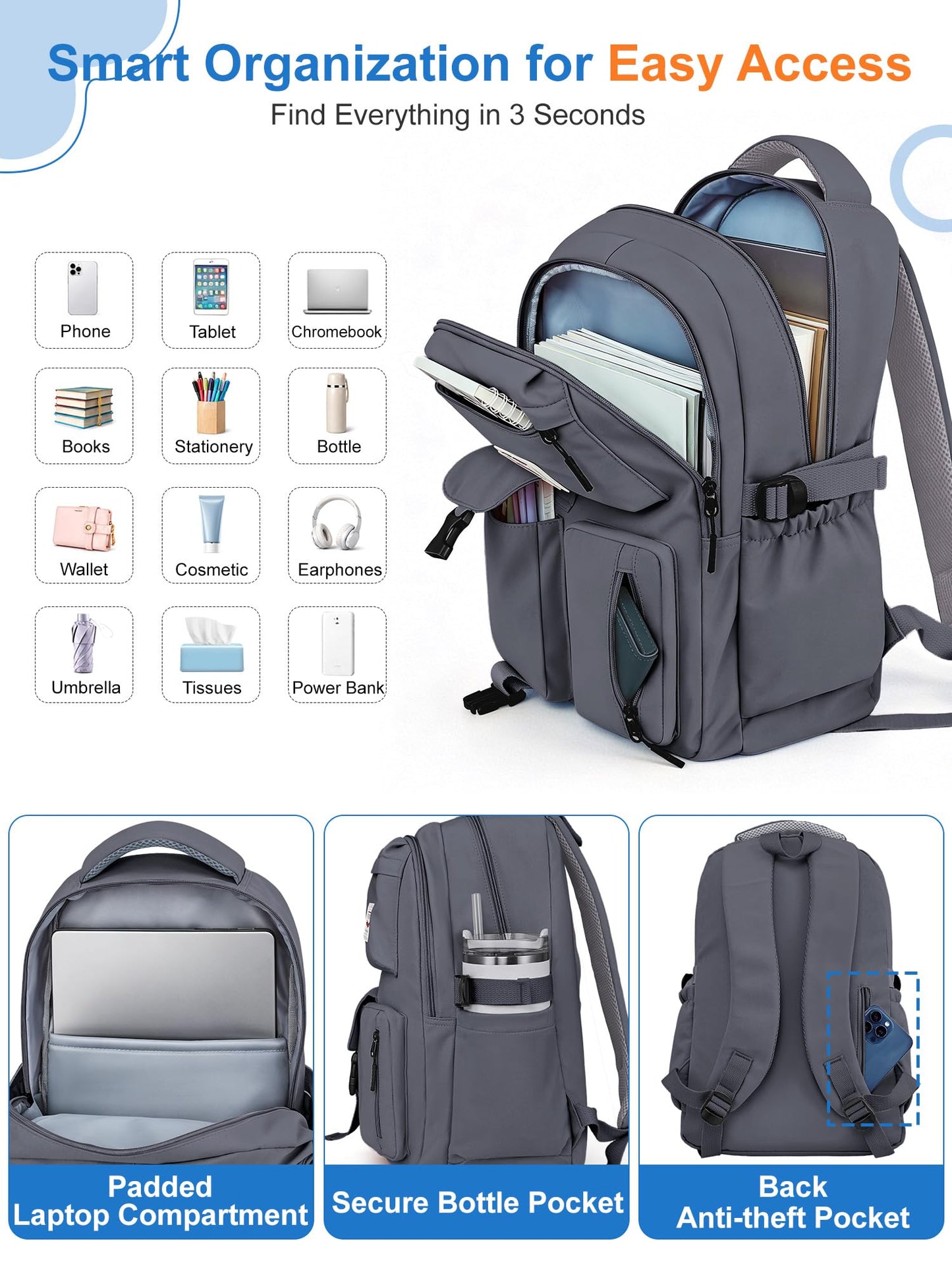 FIORETTO School Backpack for Teen Girls & Women with Compartment, Lightweight School Bag Bookbag with Multiple Pockets, Ideal for Middle High School, College, Travel, Dark Grey 25L