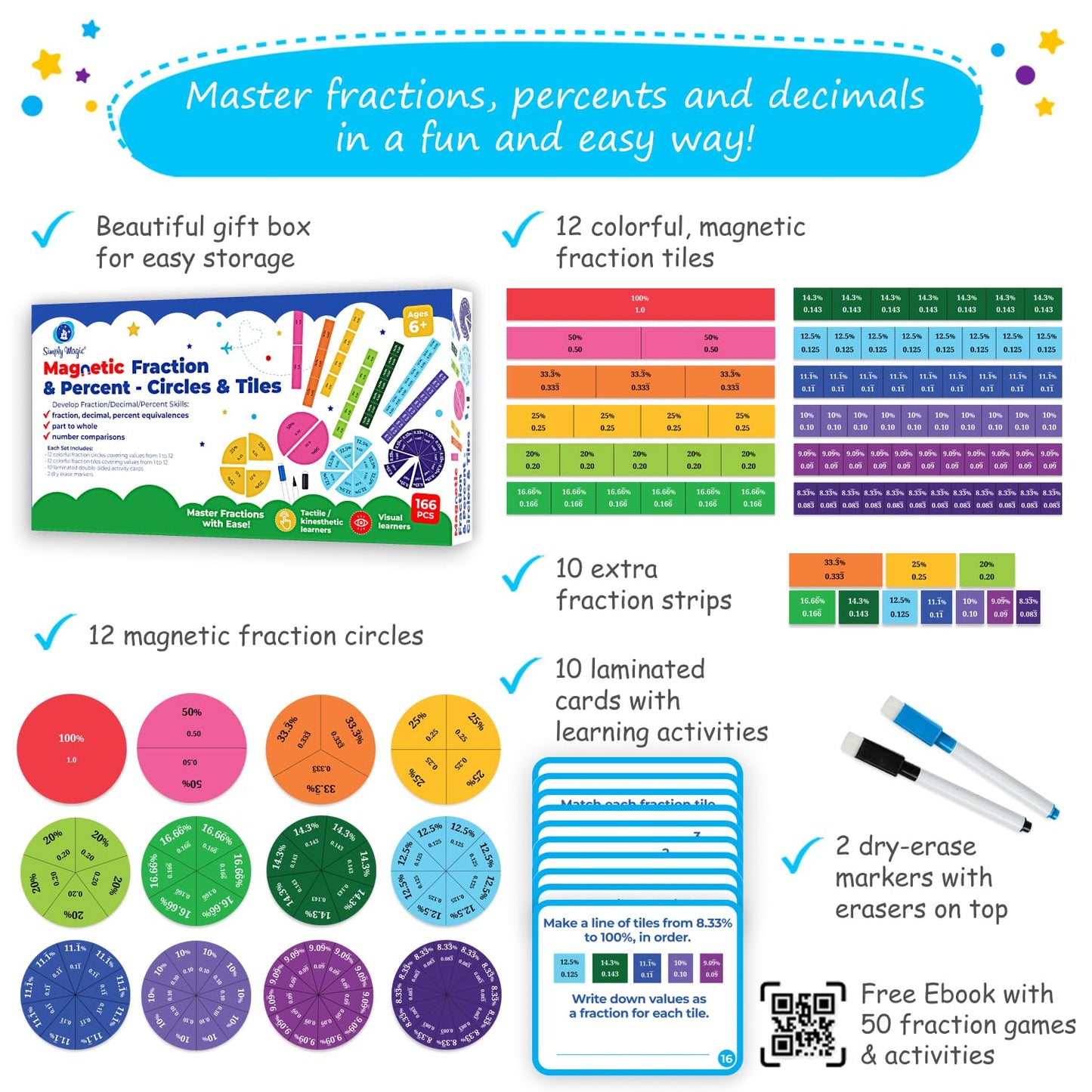 178 PCS Magnetic Fraction Tiles & Fraction Circles with Decimals & Percentages, Fraction Strips, Bars, Fraction Magnets, Fraction Manipulatives Class Set Kit, Fractions for Kids Math - Simply Magic