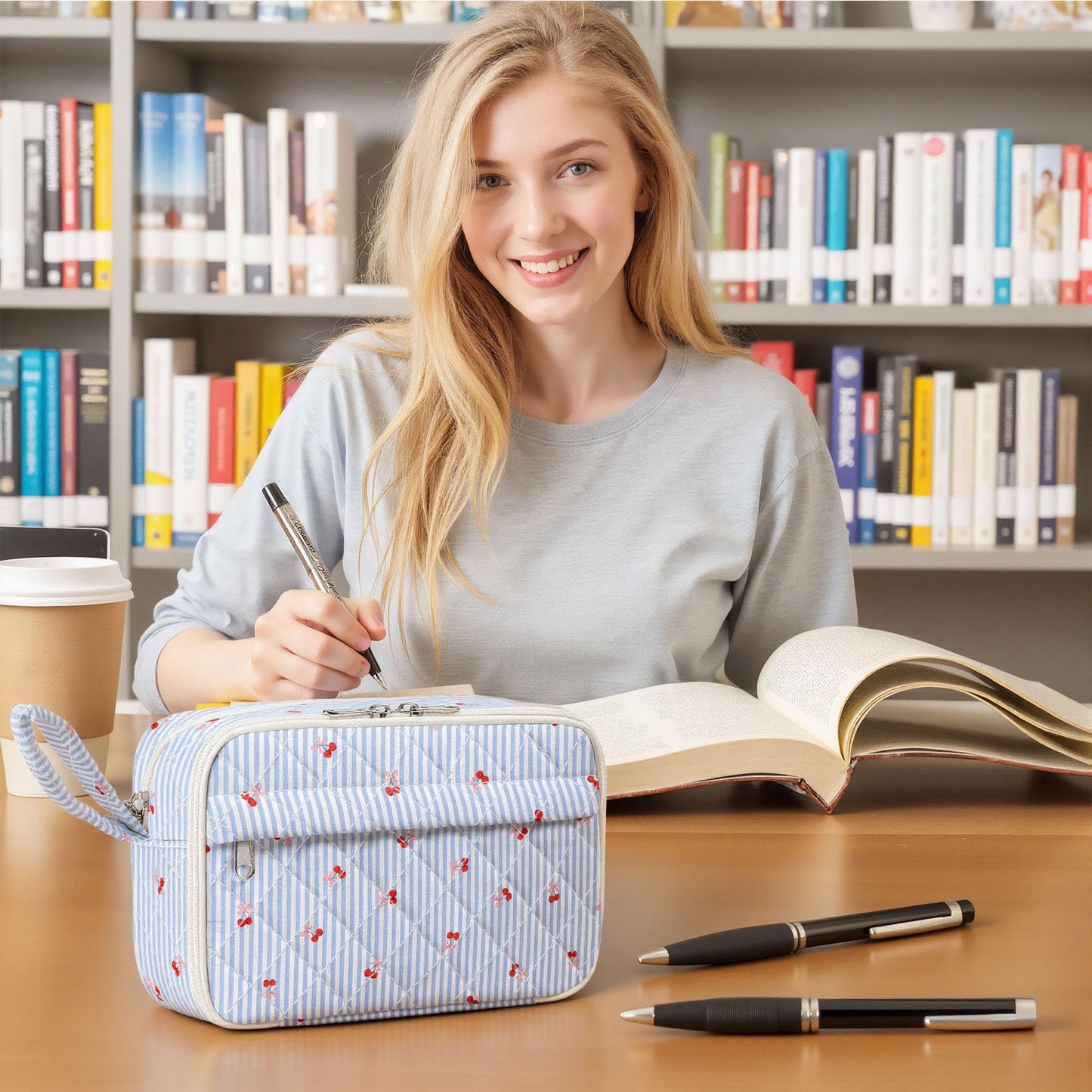 WOBAGMEN Quilted Pencil Pouch for Girls Women, Large Pencil Case Pouch with Compartments Cute Aesthetic Pencil Case Organizer, Floral Pencil Bag for School Supplies (Striped Cherry)