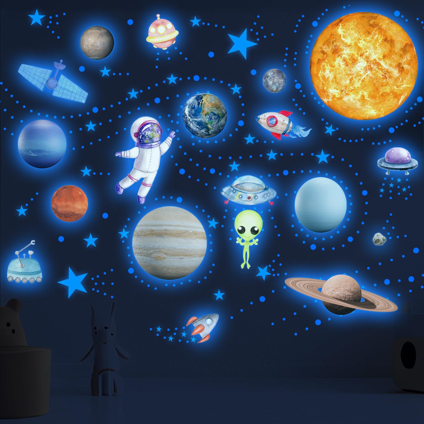 Glow in The Dark Stars Solar System Wall Decals, Star and Planets Stickers for Ceiling, Wall Sticker Decor for Kids Boys Room (Blue)