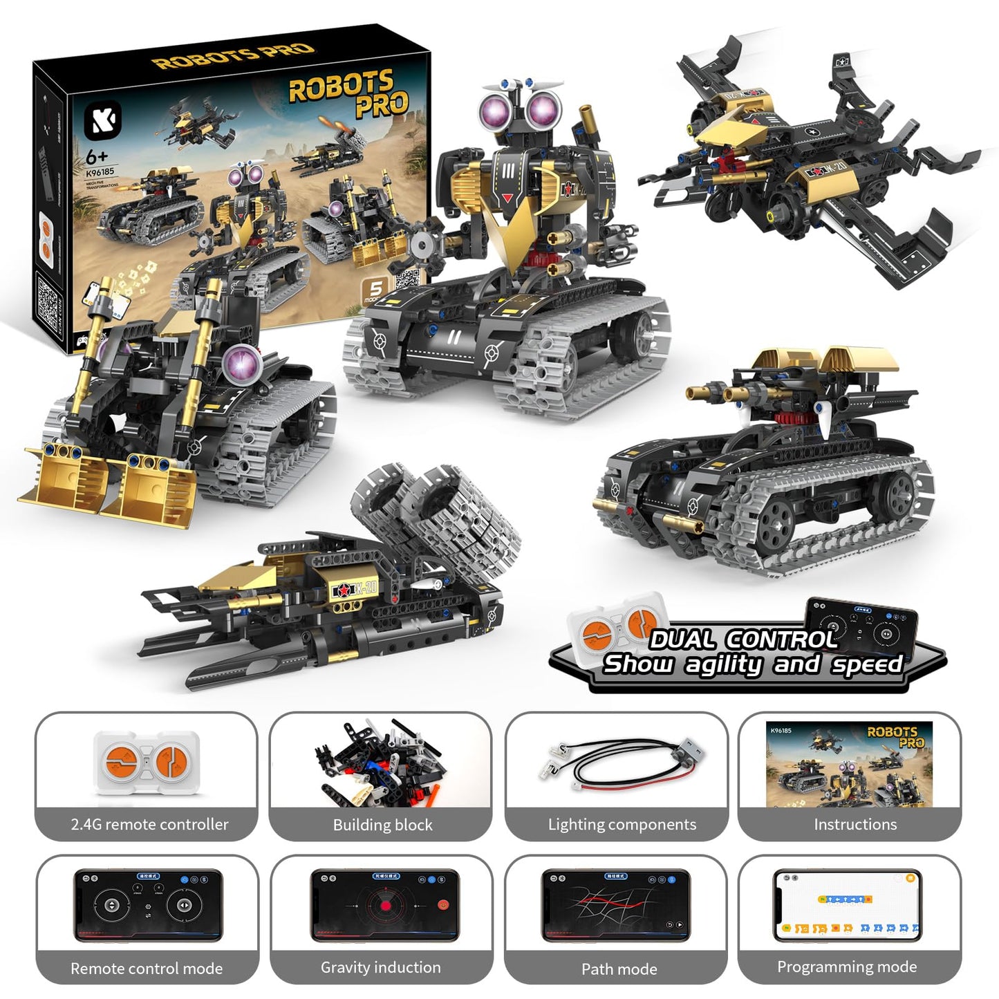 LNANZTCX 5-in-1 RC Robot Building Kit for Kids, APP & Remote Control STEM Robotics Technic Coding Robotic Toys, Erector Set with 323 Pcs, Educational Toy for Boys Girls Age 8 9 10 11 12 13 14+