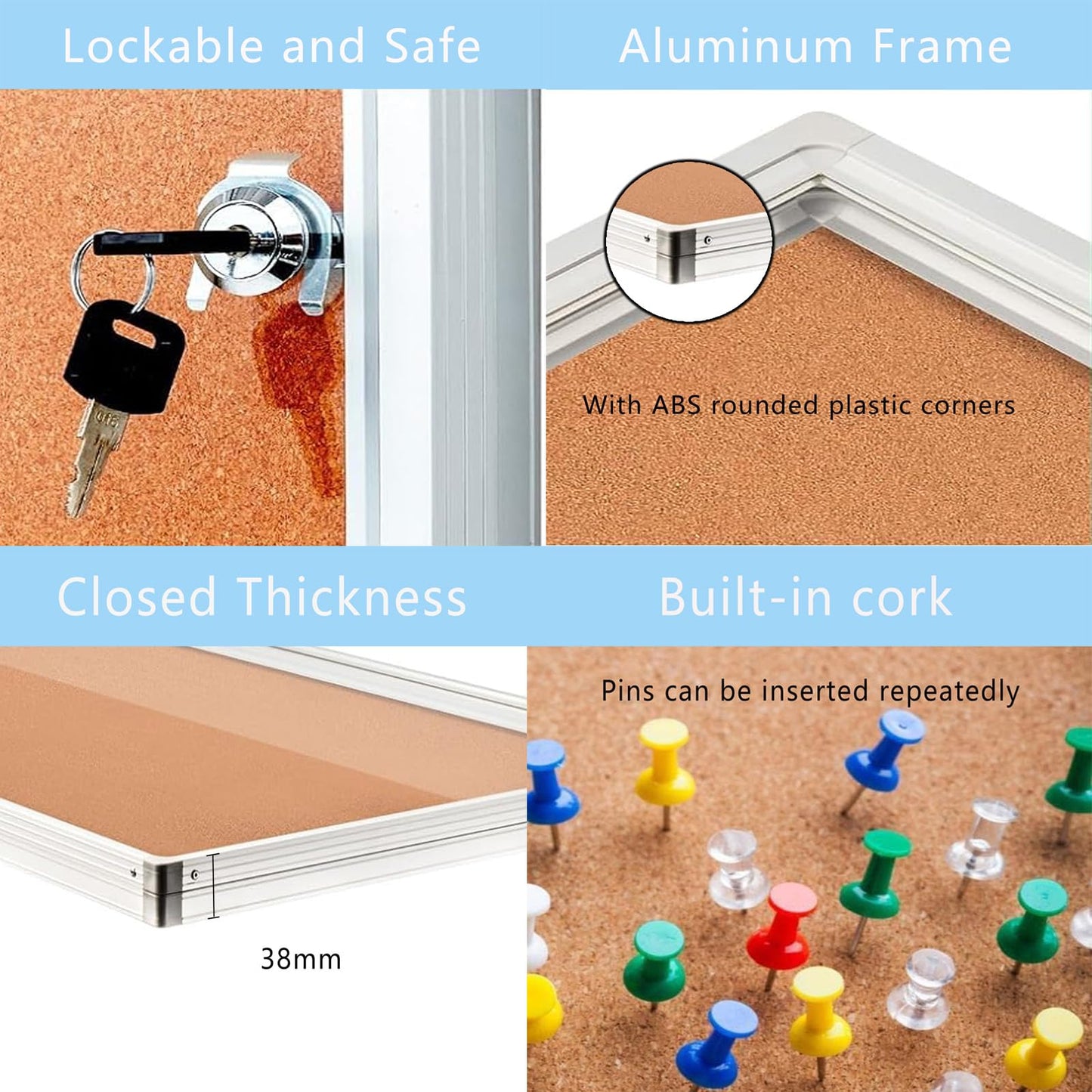 Enclosed Lockable Cork Bulletin Board 36x24 Inches, Acrylic Door Cork Noticeboard with Aluminum Frame &2 Keys, Secure Wall Mount Display Case for School, Office, Church & Commercial
