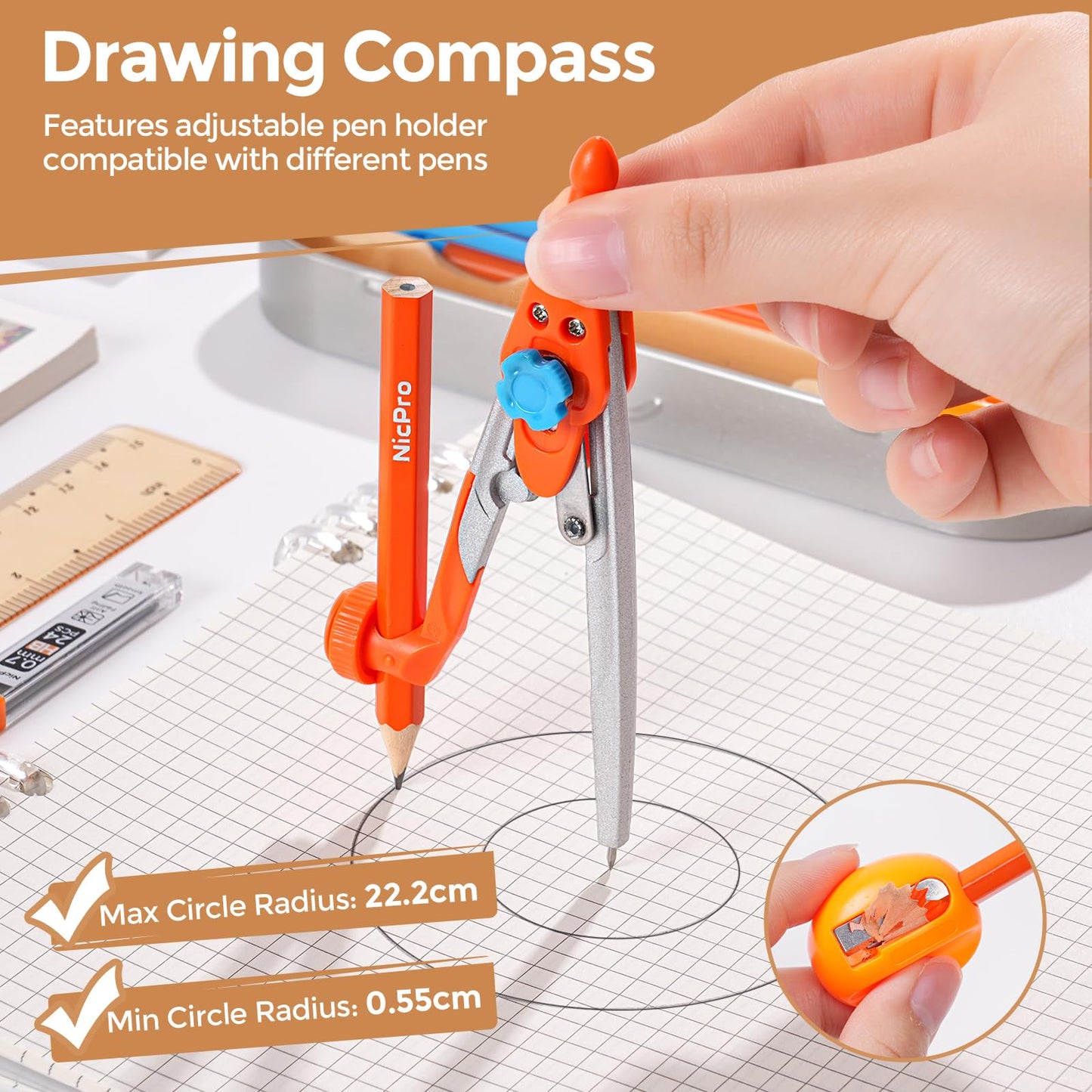 Nicpro 17 PCS Compass Geometry Set for Students, Drafting Tools Math Protractor Compass with Rulers, Mechanical Pencil, Square Set, Box of Protractors Kit for Class Supplies, Back to School Supplies