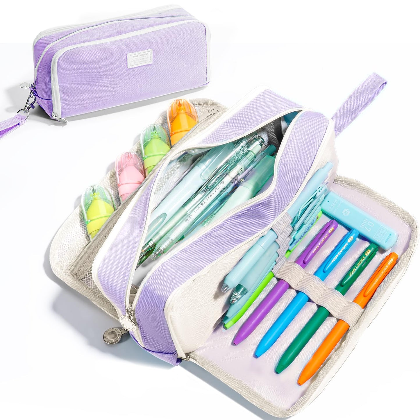 Four Candies Puple Pencil Case 3 Compartment Pouch, Large Pencil Case for School, Girls, Teen Boys, Women, Puple, Removable Handle & Zipper, Cute Pencil Bag for Office, College