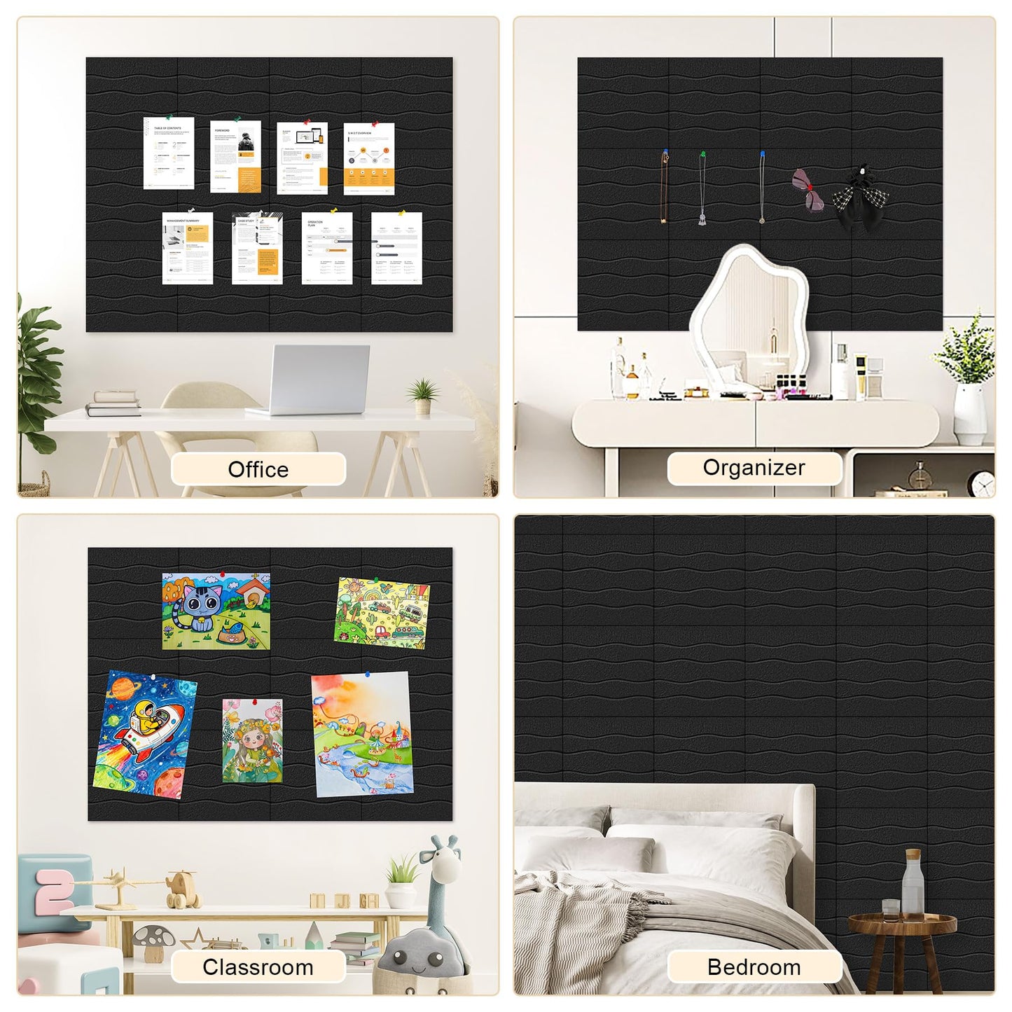AKONEGE Felt Bulletin Board Tiles 12 Pack, 48" x 36" Cork Board Alternative, DIY Pin Board Wall Tiles for Photo Wall, Vision Board, Dorm Room & Home Office Decor, Stick-On with Adhesive Tabs, Black