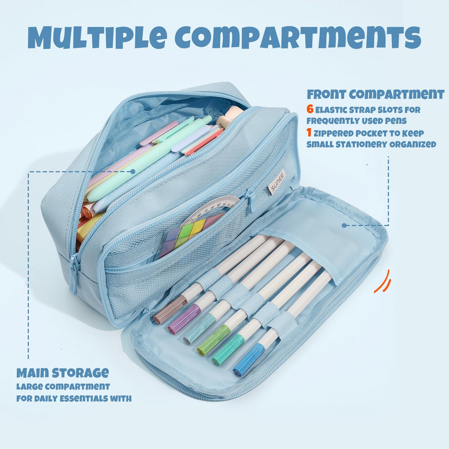 SUNEE Pencil Case, Large Capacity Pencil Pouch, Aesthetic Big Pen Bag 900D Oxford Pen Box for Office Stationery Organizer School Supplies Multifunctional for Teen Boys Girls Women Men, Blue