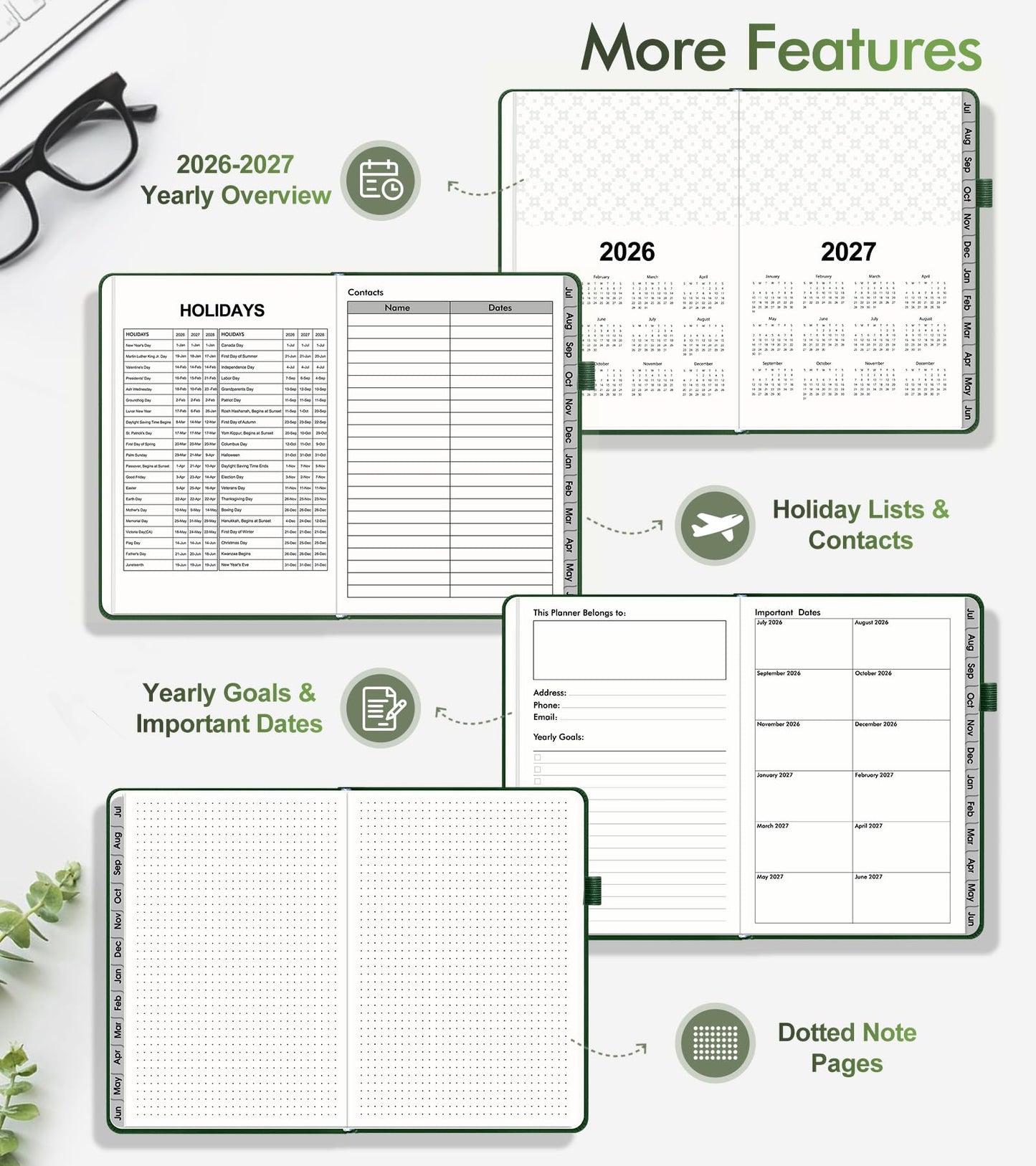Planner 2026-2027, Academic Weekly and Monthly Calendar Planner from July 2026 - June 2027, Hardcover Leather Daily Agenda Book with Tabs, College School Organizer for Student Teacher, A5 (5.75" x 8.38"), Green