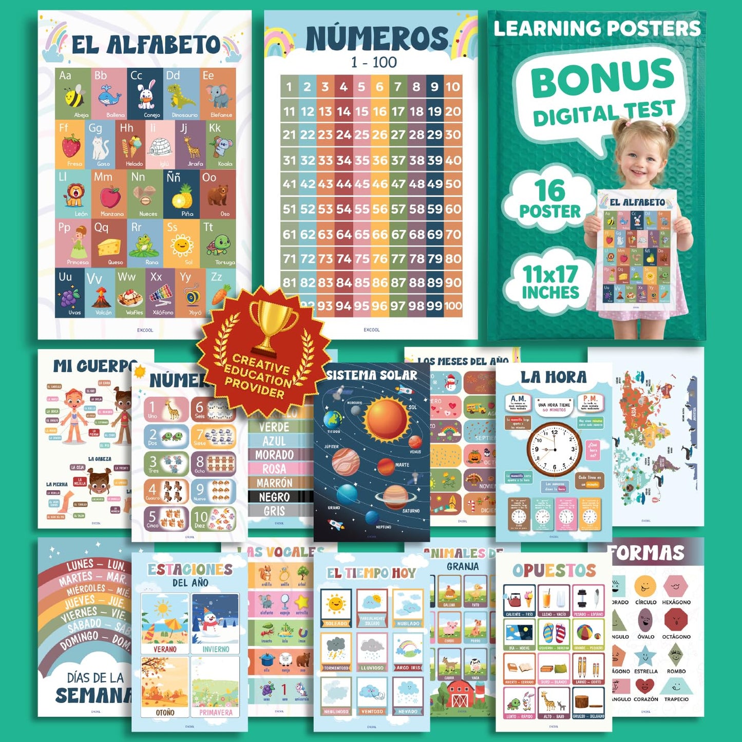 EXCOOL CLUB 16 Spanish Classroom Posters For Elementary - Colorful Bilingual Educational Posters For Toddlers 1-3, Laminated Learning Poster Preschool Must Haves, Abecedario Para Niños En Español