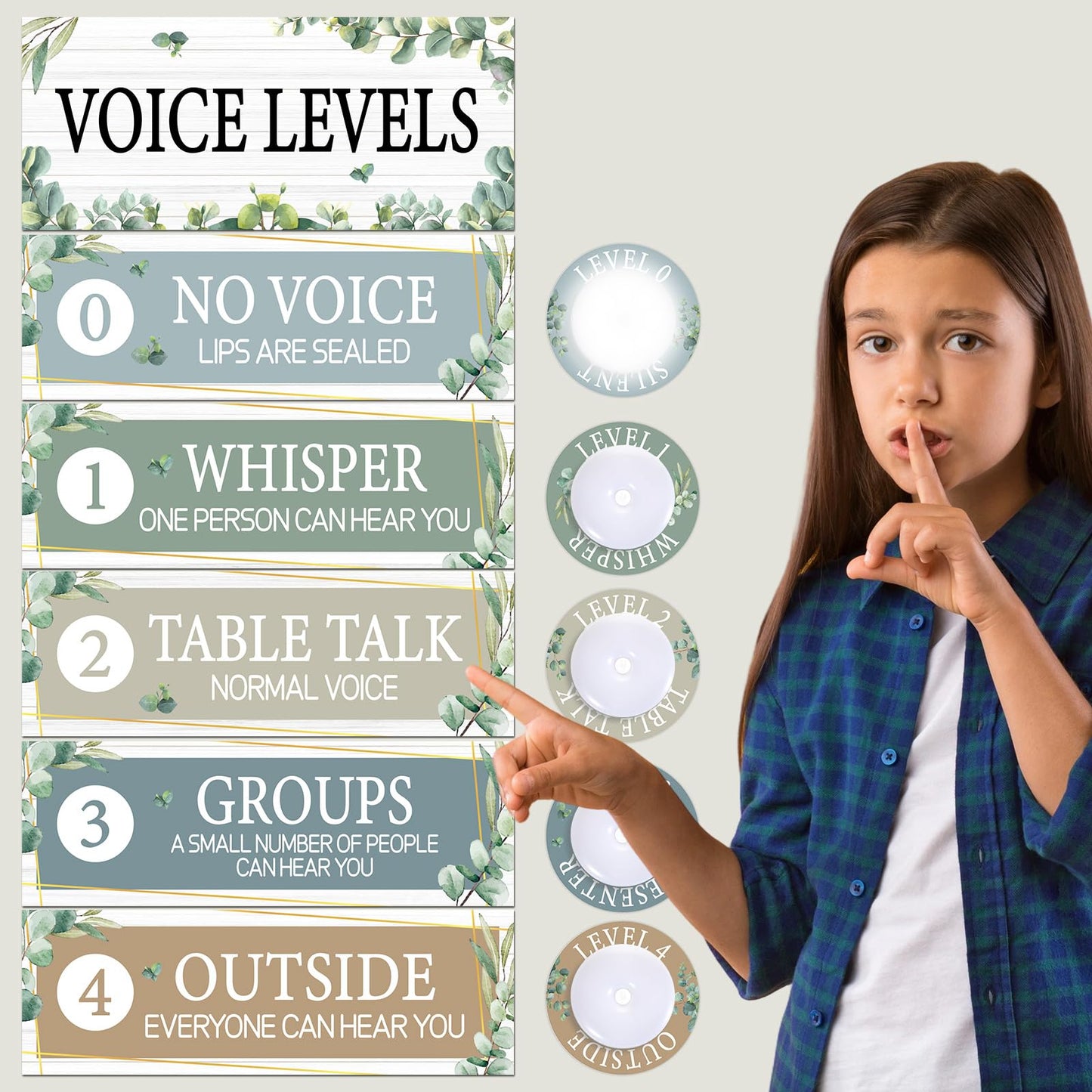 5 Pcs School Push Light and Voice Level Poster Voice Level Chart Monitor Rules Sign LED Tap Light Classroom Rules Poster Noise Chart Classroom Management Tools for Teachers（Eucalyptus Style）