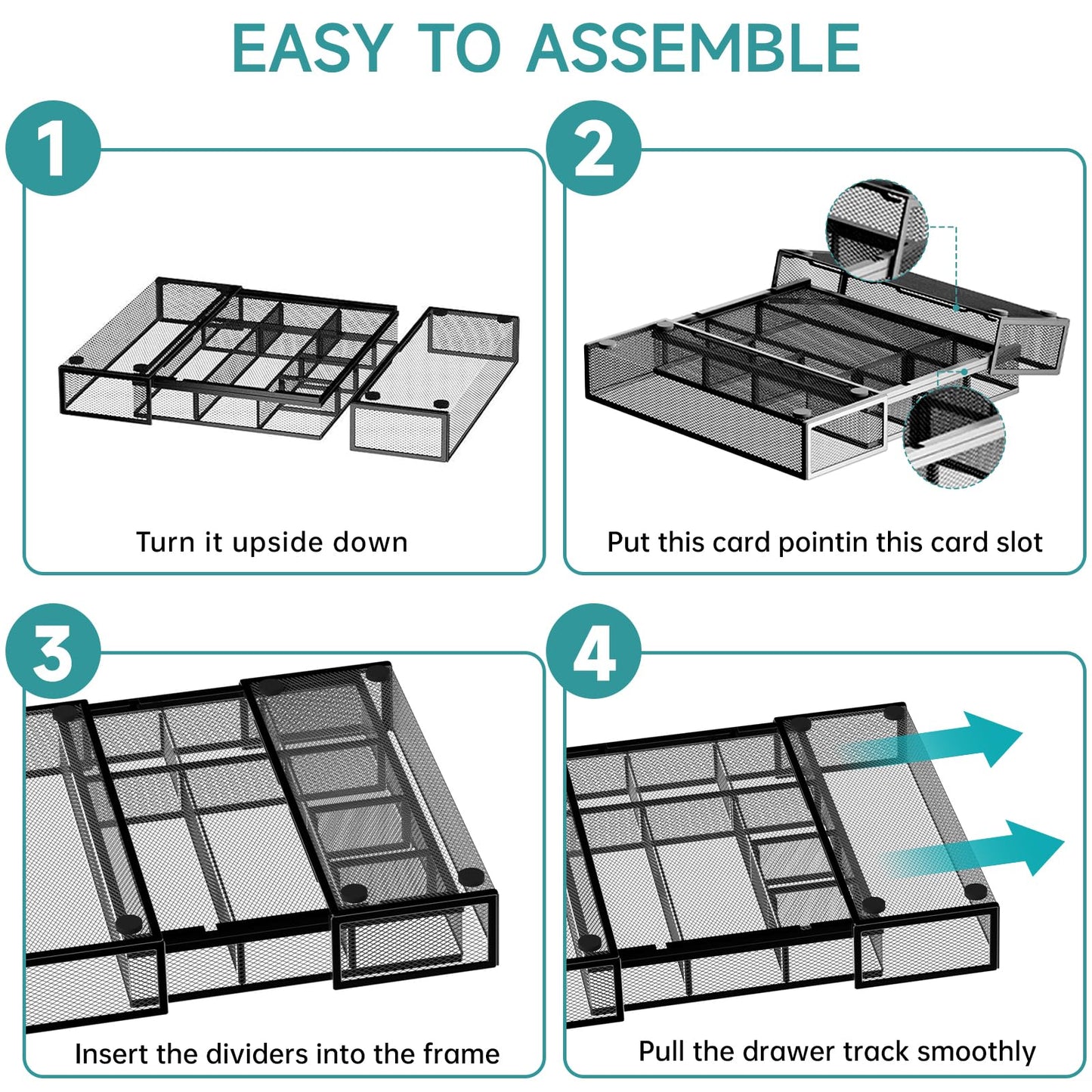 ReePlan 2 Pack Expandable Desk Drawer Organizer Tray with 10 Adjustable Compartments Metal Mesh Office Drawer Organizer for Home, School Supplies, Makeup Vanity & Jewelry (Black)